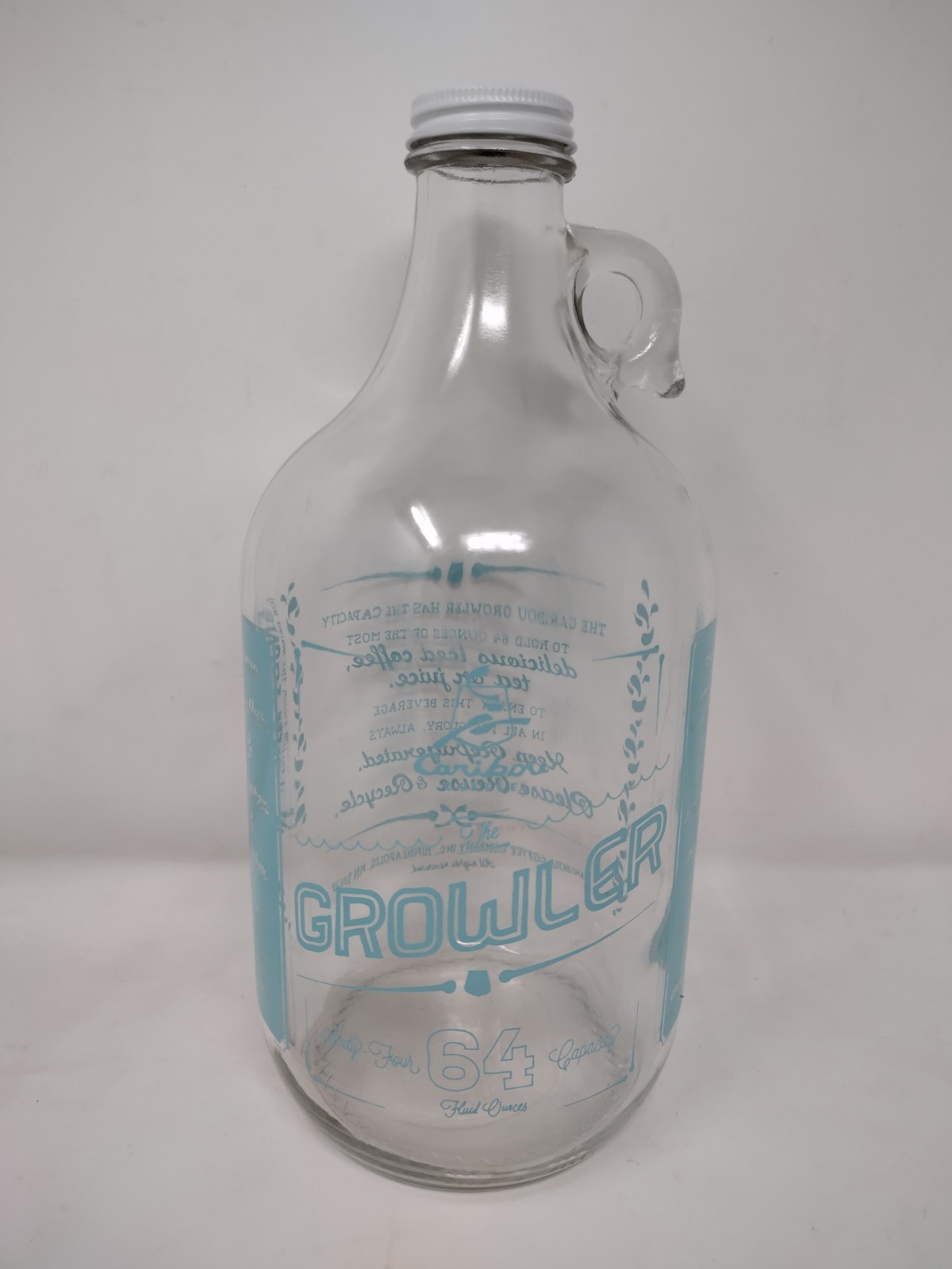 Coffee Caribou Growler Jug Clear Glass 64oz Light Blue Lettering Minneapolis MN