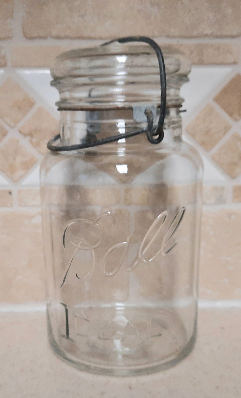 Vintage BALL IDEAL Clear One quart Mason Jar with Wire Bail and Glass Lid