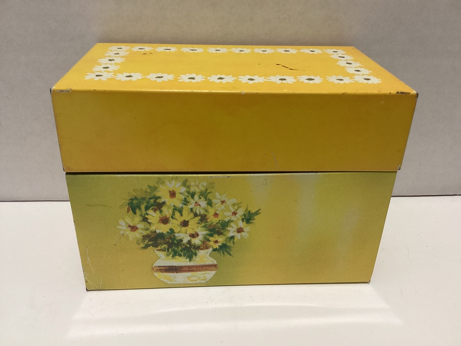Vintage Ohio Art Yelllow Recipe Metal Box with Recipe & Daisy Flower Design