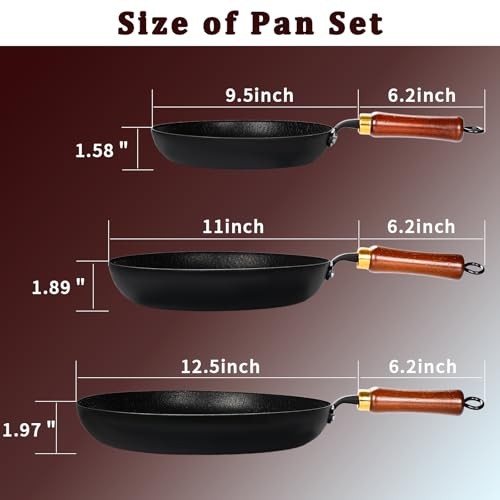 Nonstick Frying Pan with Lids Set, 10”/11”/12.5” Lightweight Iron Skillets |