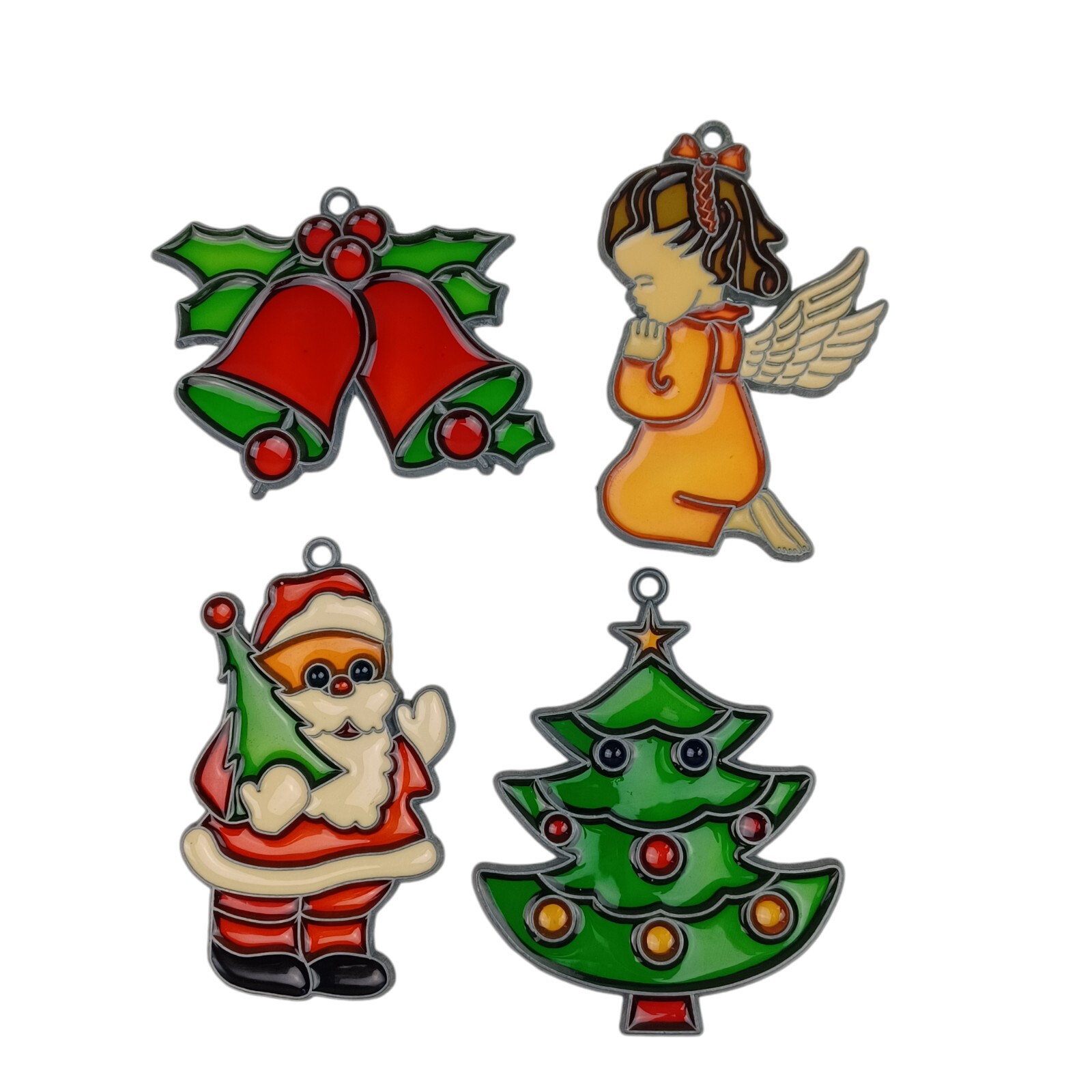 Lot of 4 Stain Glass Style Sun Catcher Christmas Ornaments Santa Tree Angel Girl