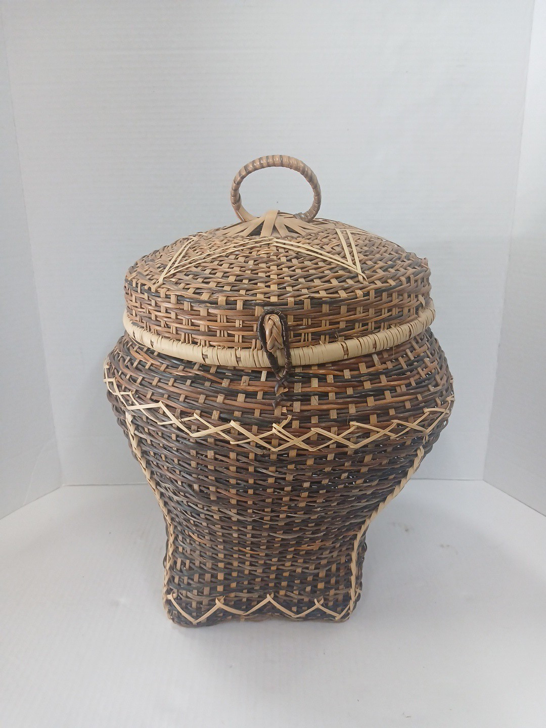 Vintage Snake Charmer Basket 13″ Tall, Round Clasp lid w/Star Square Bottom