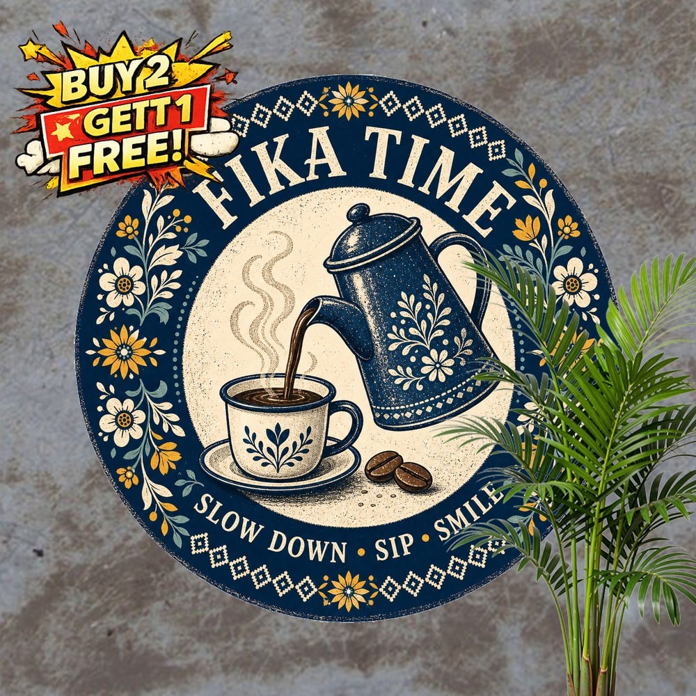 Swedish Fika Coffee Culture Sign Metal Plaque Retro Cafe Wall Decor 8×8