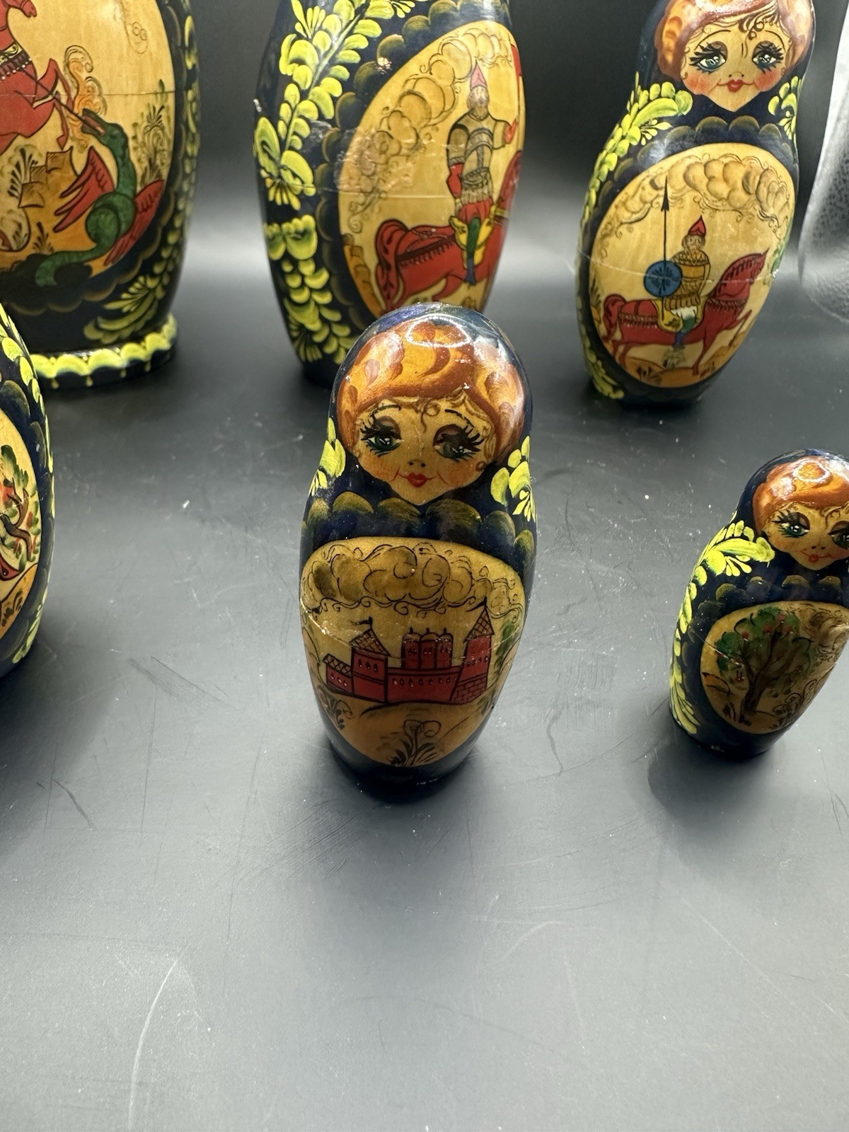 VTG Matryoshka Russian Nesting Dolls Fairytale 7 Piece Paint Storytelling Signed