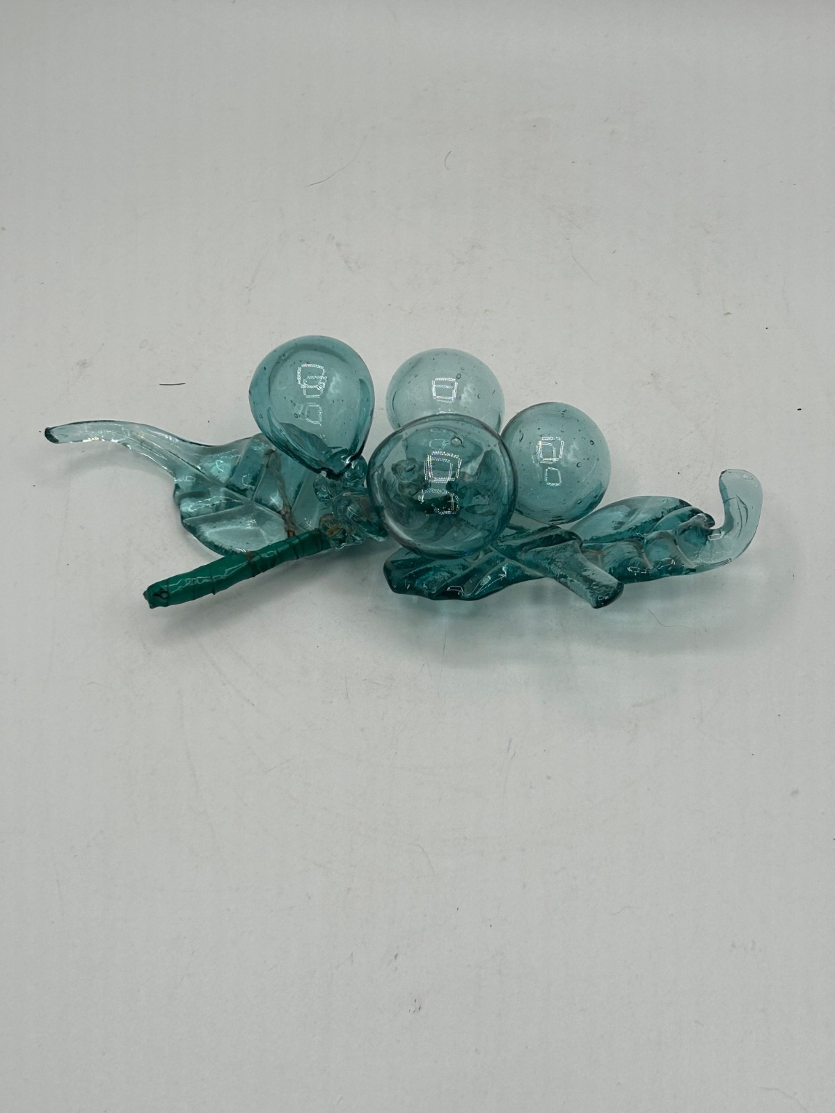 Vintage 1960s MCM Teal Aqua Blue Blown Glass Grape Cluster w/ Hand Blown Leaves