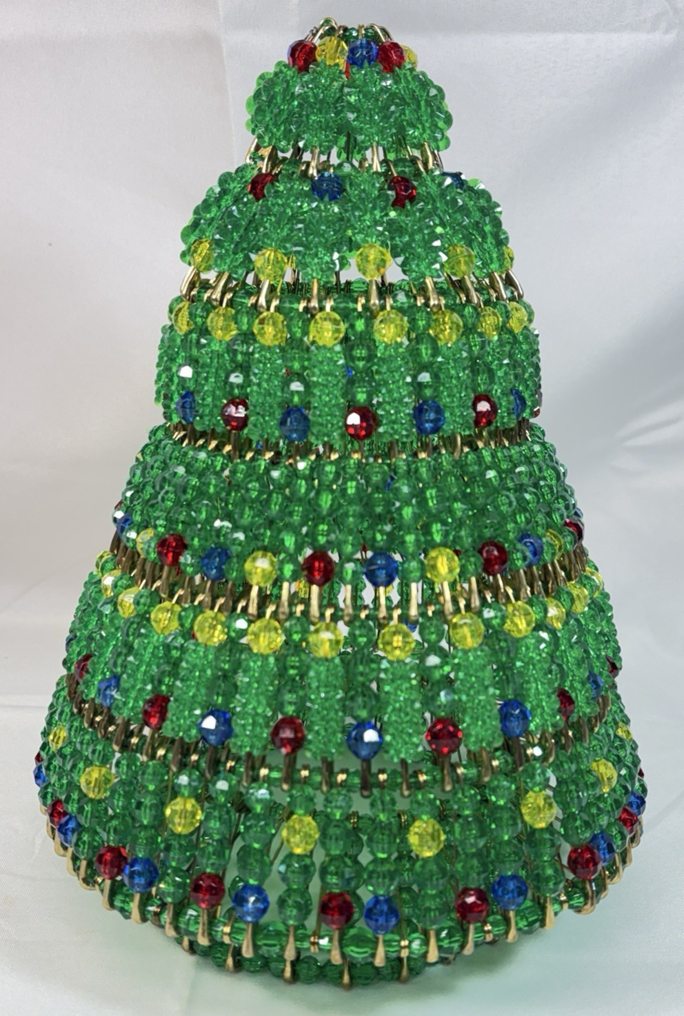 Vintage Safety Pin Green Blue Red Yellow Beaded Christmas Tree Handcrafted