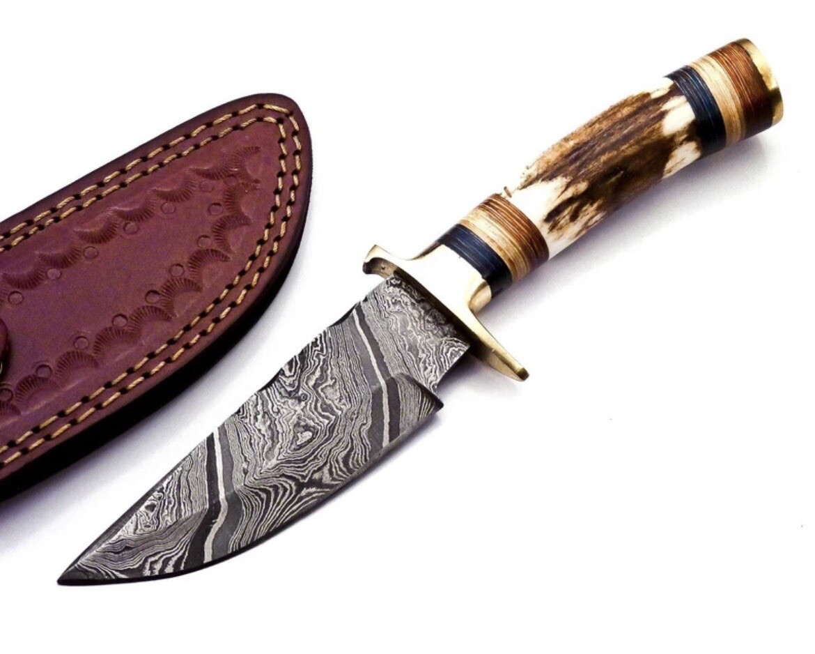 8″ CUSTOM HANDMADE DAMASCUS HUNTING SKINNING KNIFE DEER STAG Handle Brass Guard