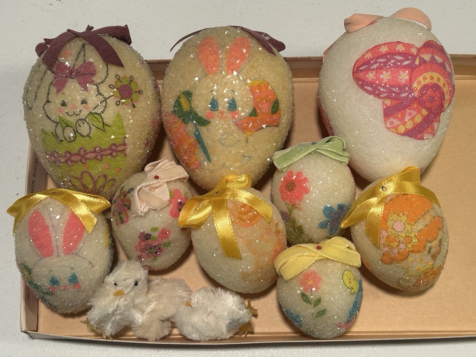 Lot 9 Vintage Sugar Glitter Decoupage Styrofoam Easter Eggs 60’s Or 70’s Foam