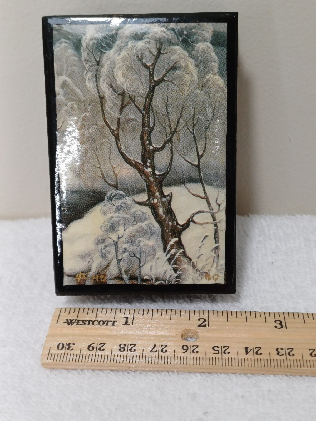 Vintage Russian Black Lacquer Jewelry Trinket Box Handpainted Winter Forest Sign