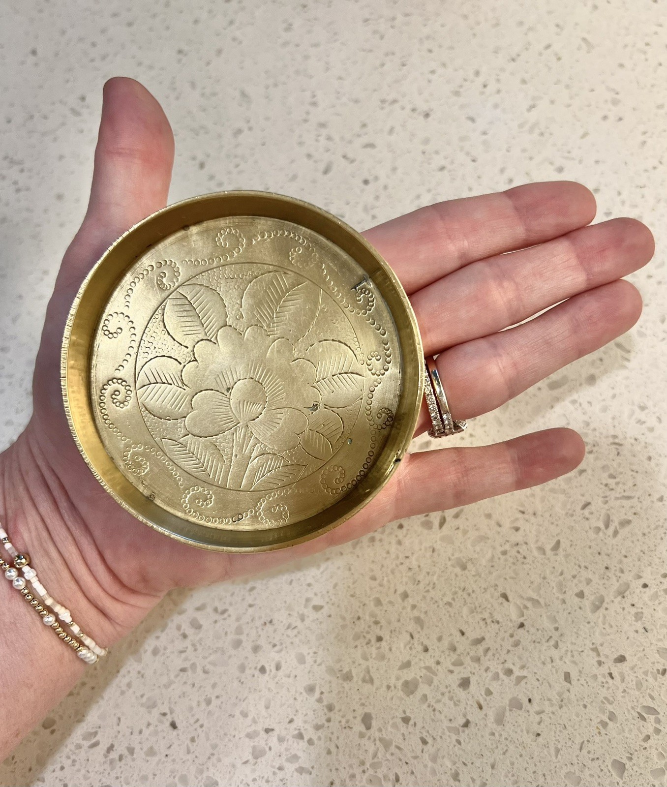 Vintage Solid Brass Coaster Trinket Dish Hand Engraved Floral Leaf Petals