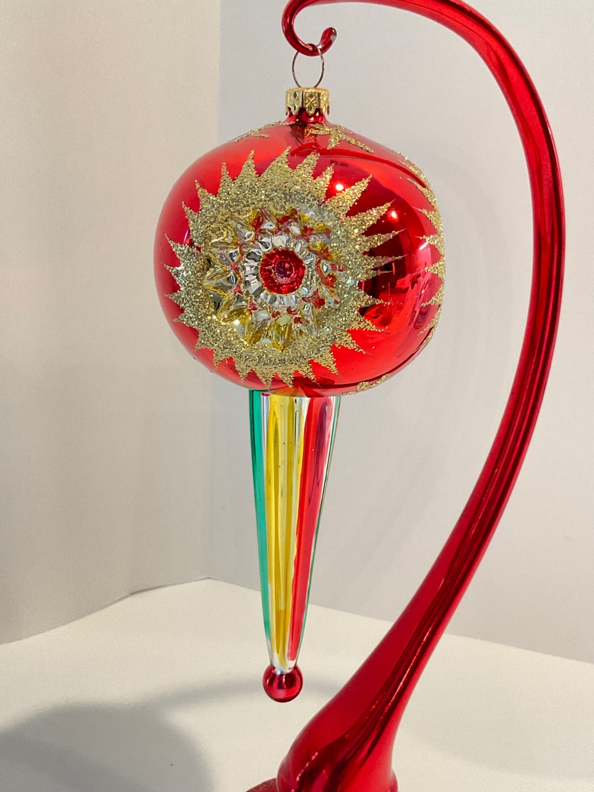 Vtg Christmas Ornament blown glass Jumbo Ball Triple Reflector Fantasia 8” Drop