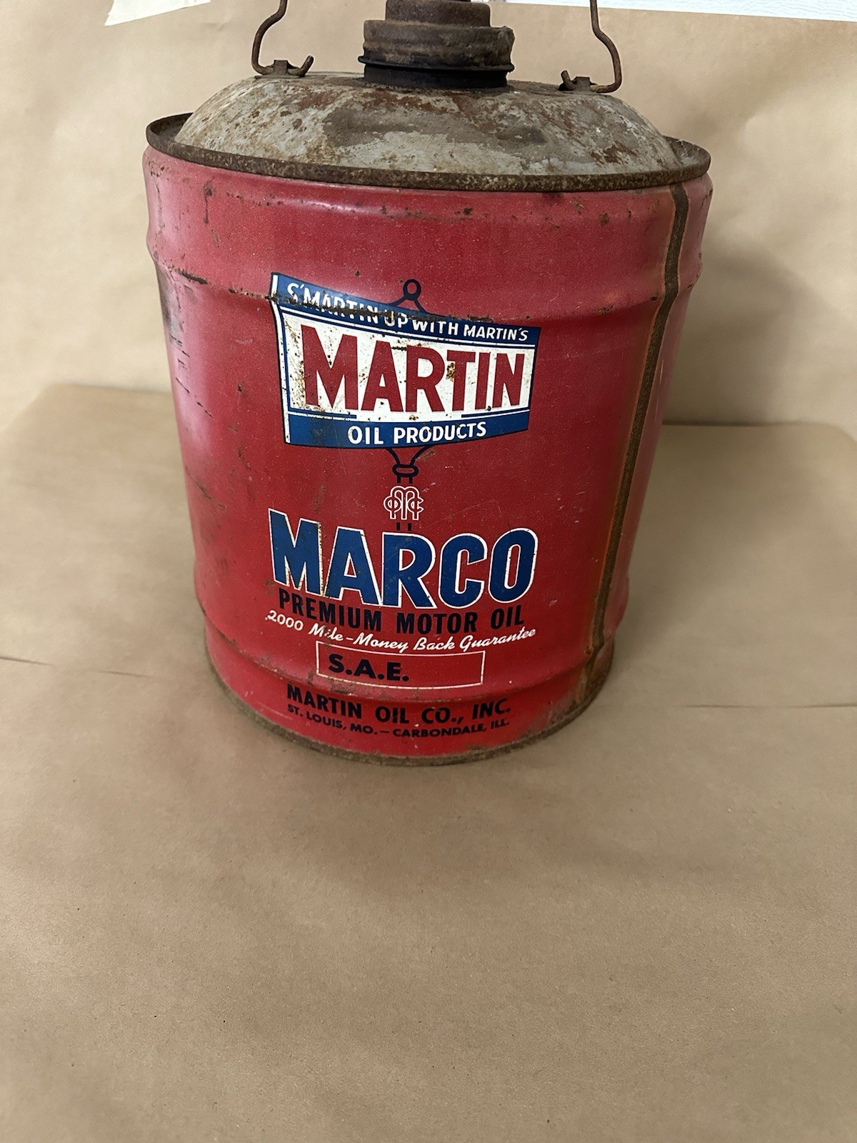 Vintage Marco 5 Gallon Premium Motor Oil Can Empty