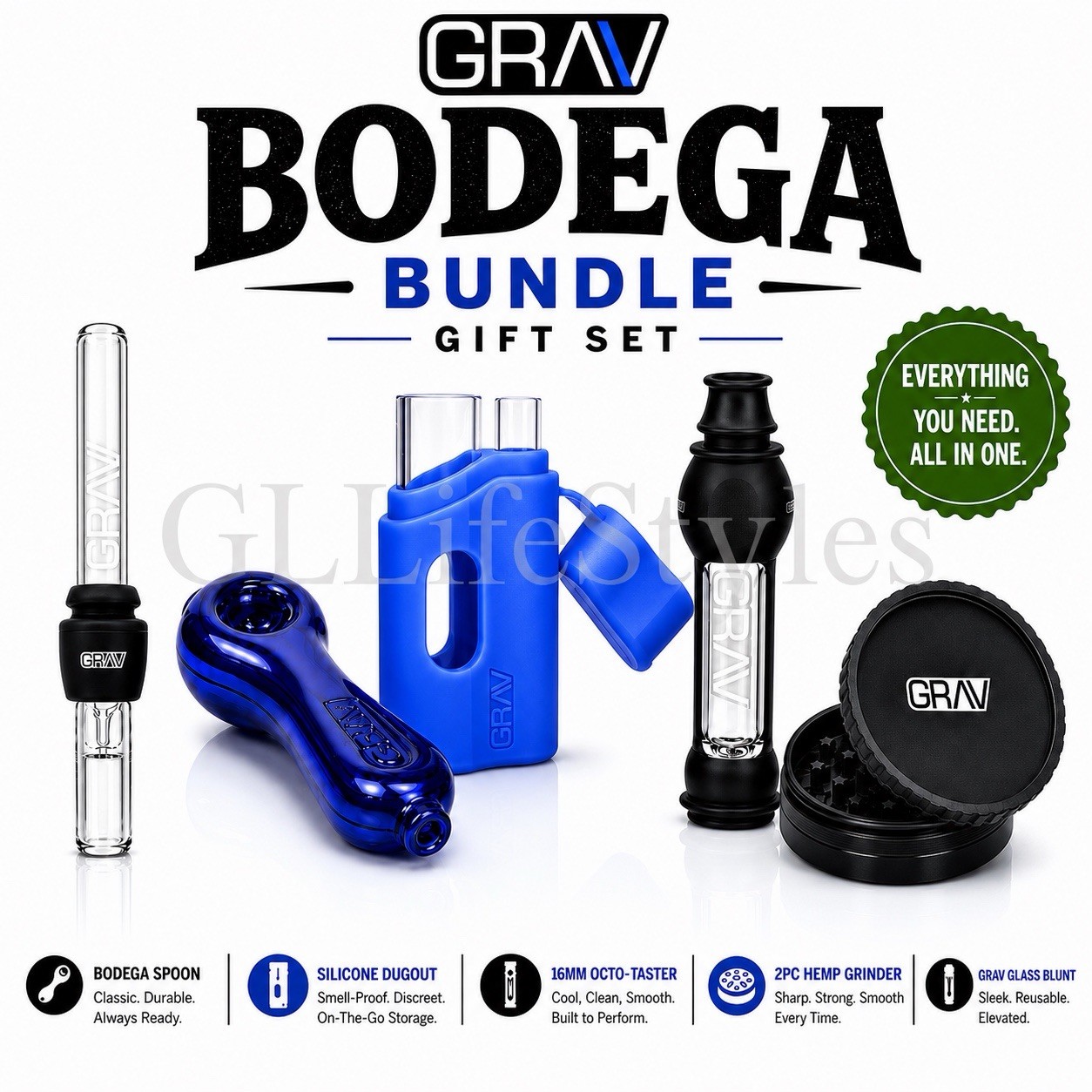 Grav Bodega Bundle 5pc Black & Blue Spoon Dugout 16mm Taster Glass Blunt Grinder
