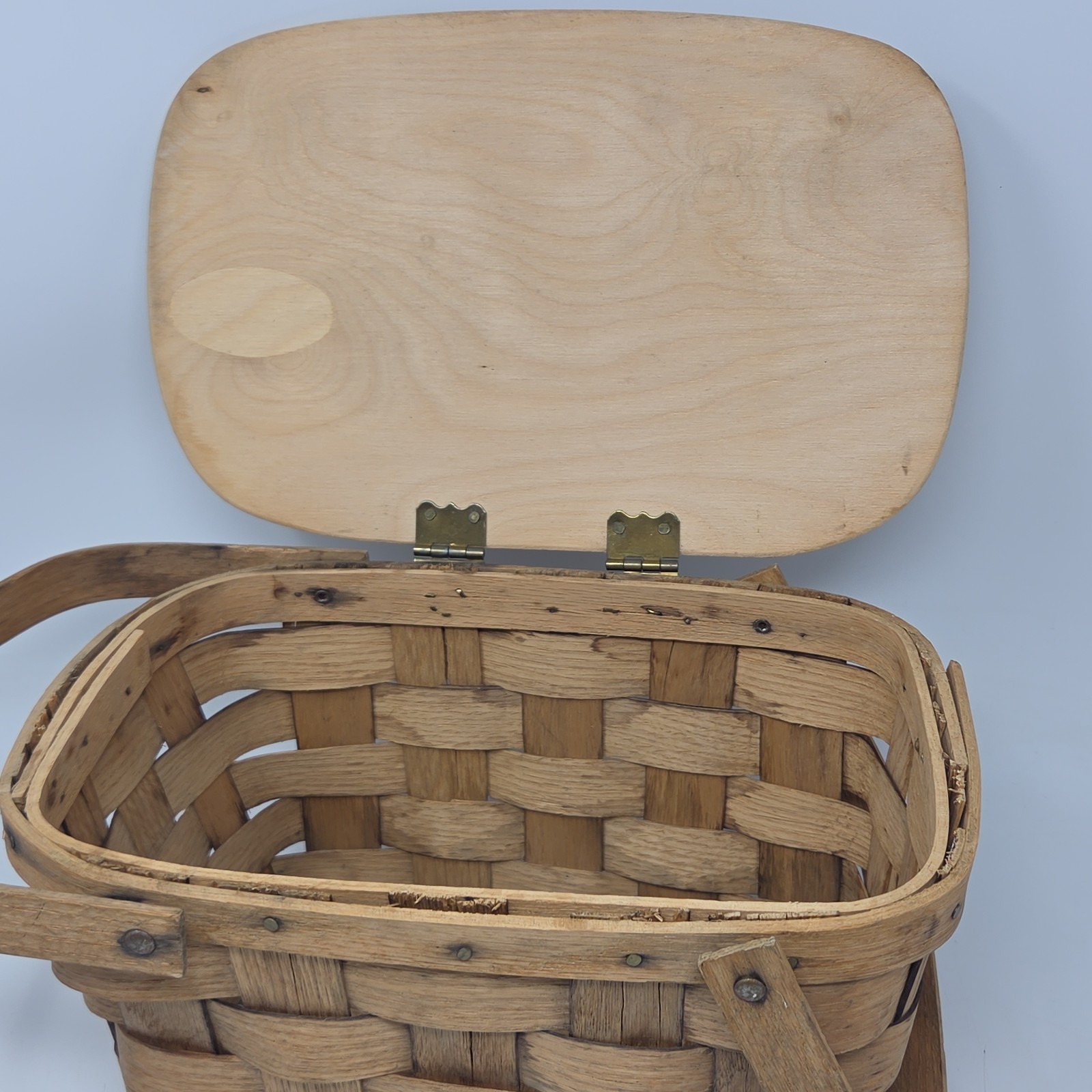 Vtg Double Handle Picnic Basket Hinged Lid Basketville Putney Vermont 10”x10”x7″