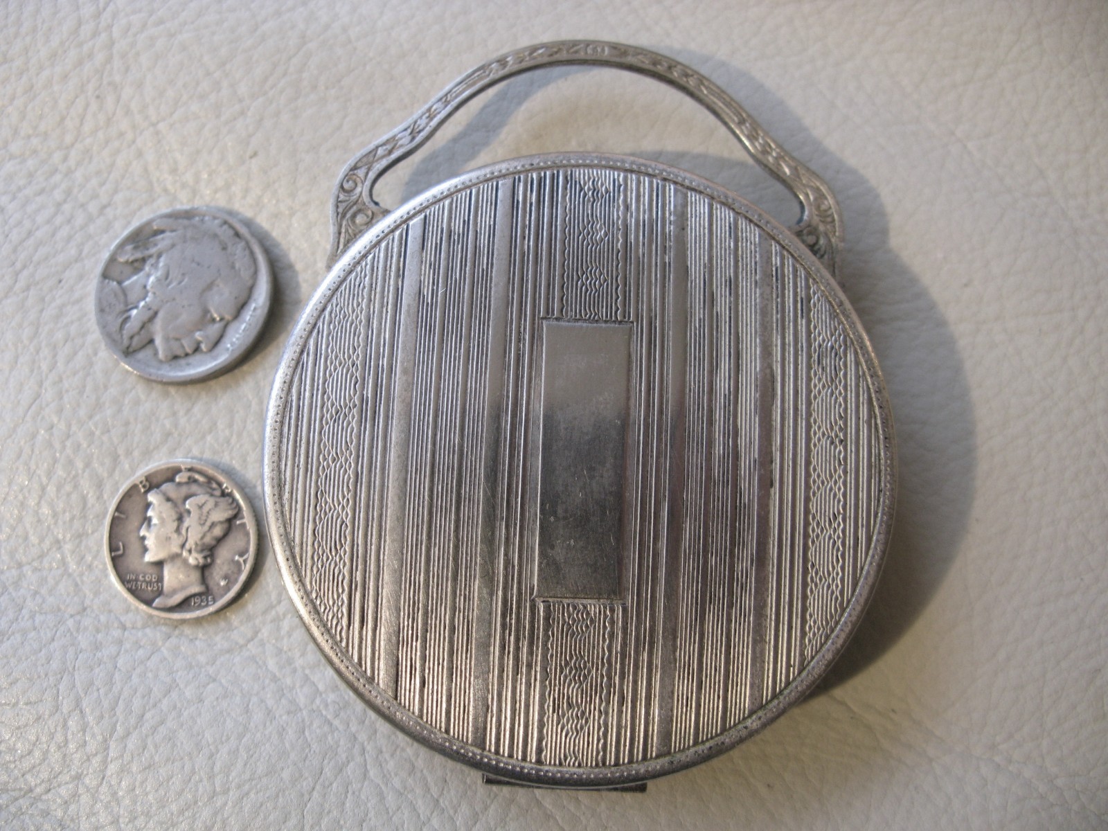 Vintage Art Nouveau Deco Classic Auto Silver Bale Handle Powder Compact 1920s #2