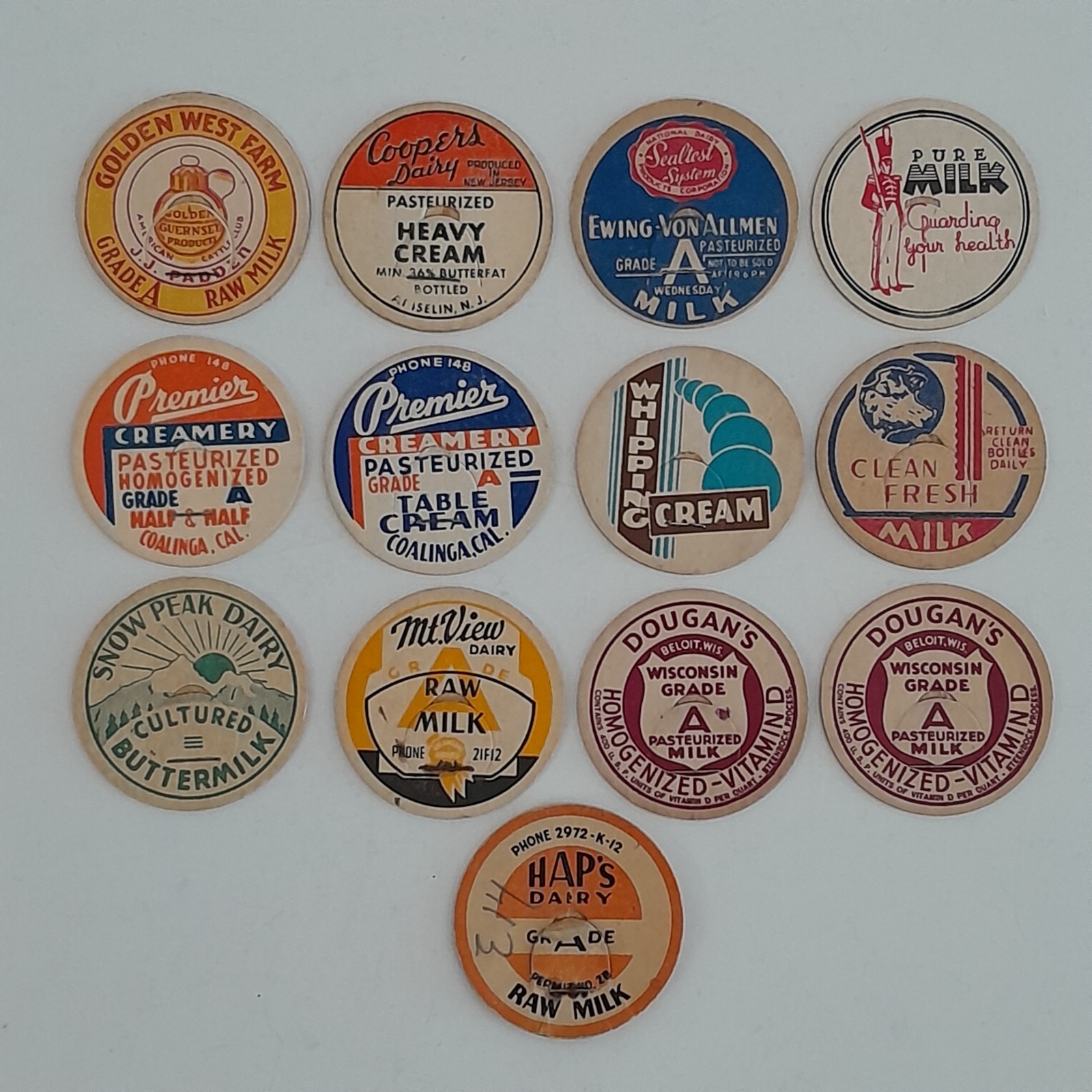 Lot 13 Vintage Dairy Milk Bottle Caps Sealtest Premier Creamery Cooper’s Mixed