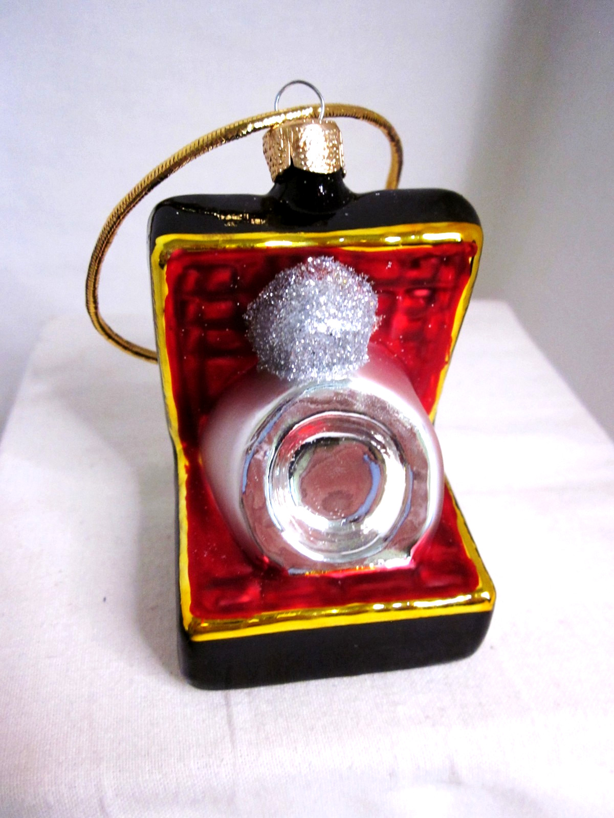 Ring Box with Diamond Ring Glass Christmas Ornament 2″ x 3″ Gold Hanging Cord