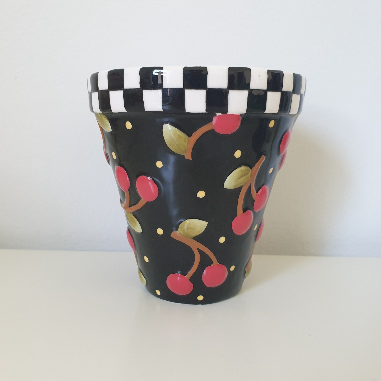 Mary Engelbreit Cherry Ceramic Flower Planter Pot Check Embossed Cherries Plant