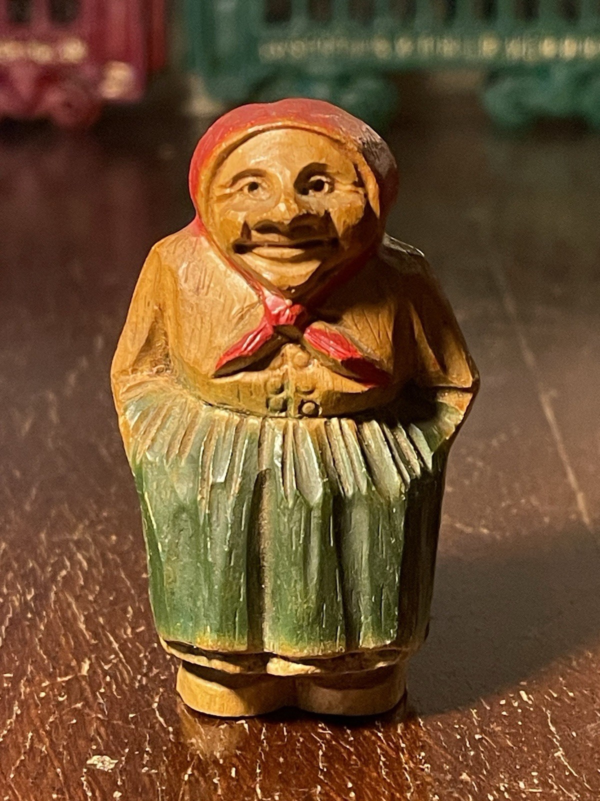 3” Hand Carved Wooden Figurine Peasant Woman Old Lady Vtg Antique