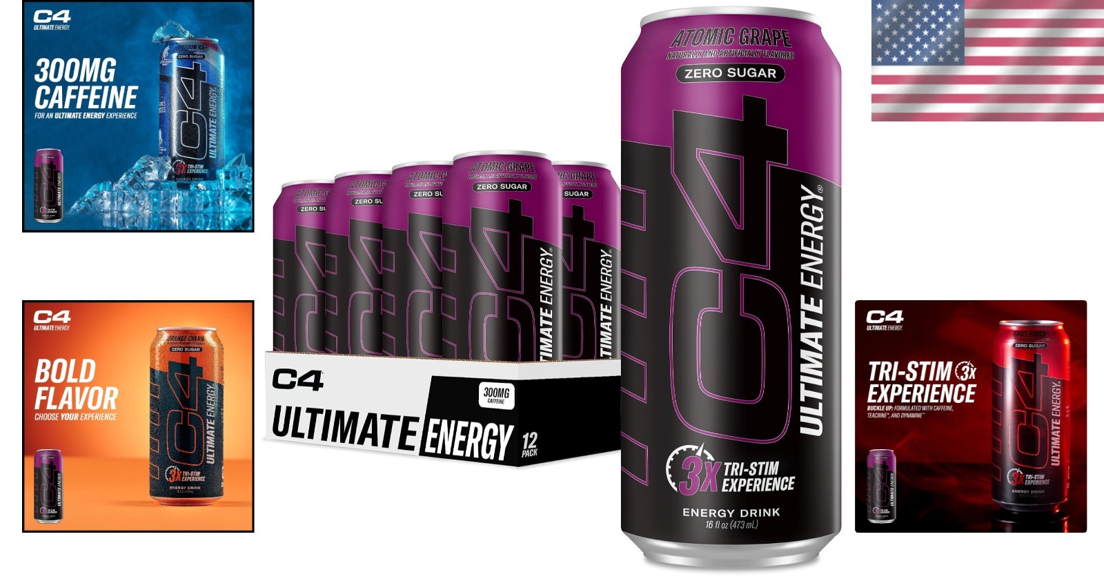 Energy Drink 16oz Pack 12 Atomic Grape Sugar-Free Caffeine 300mg TeaCrine Dyn…