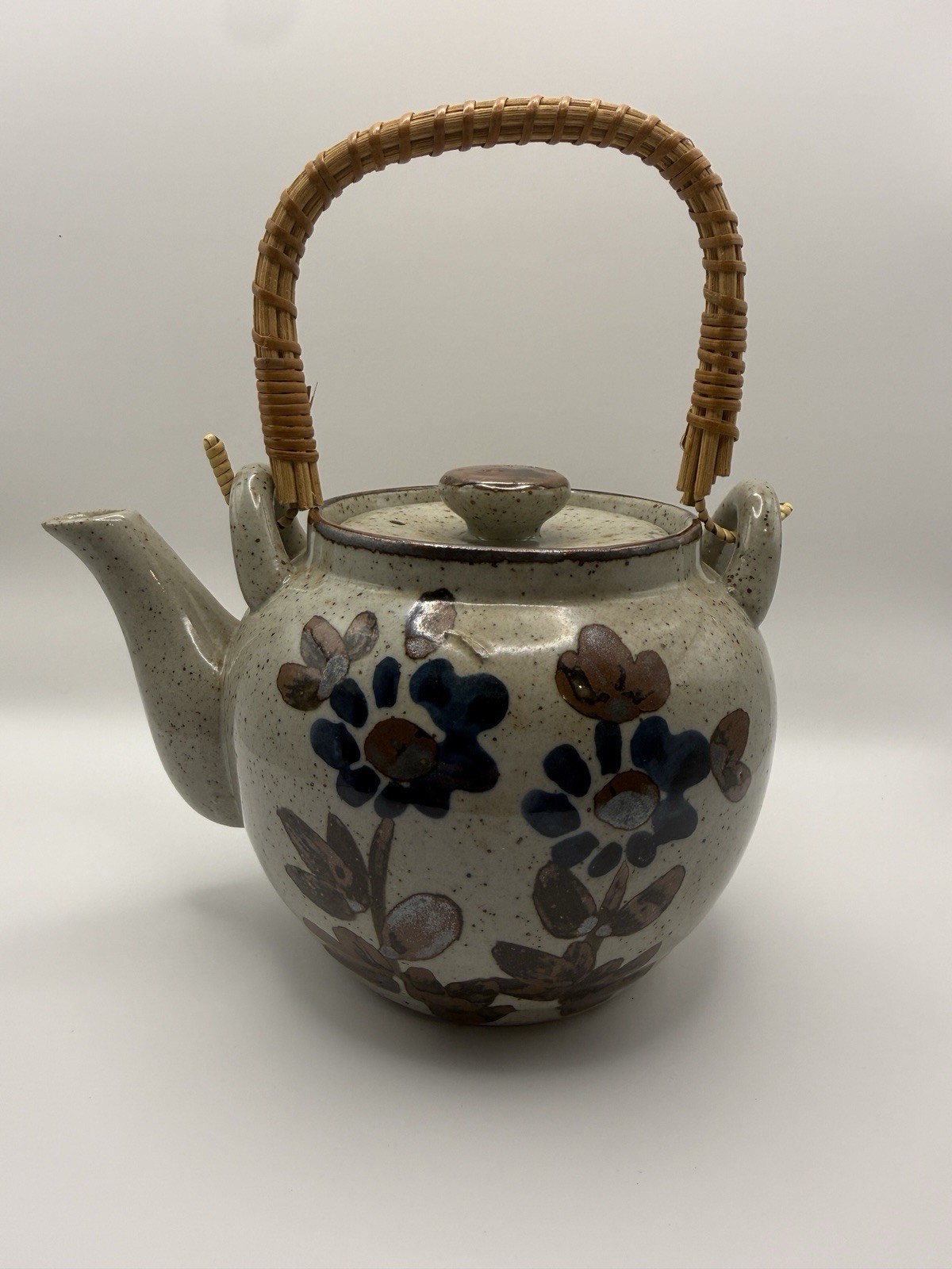 Vintage Stoneware Teapot with Rattan Hand Blue Brown Floral Speckled Glaze Japan