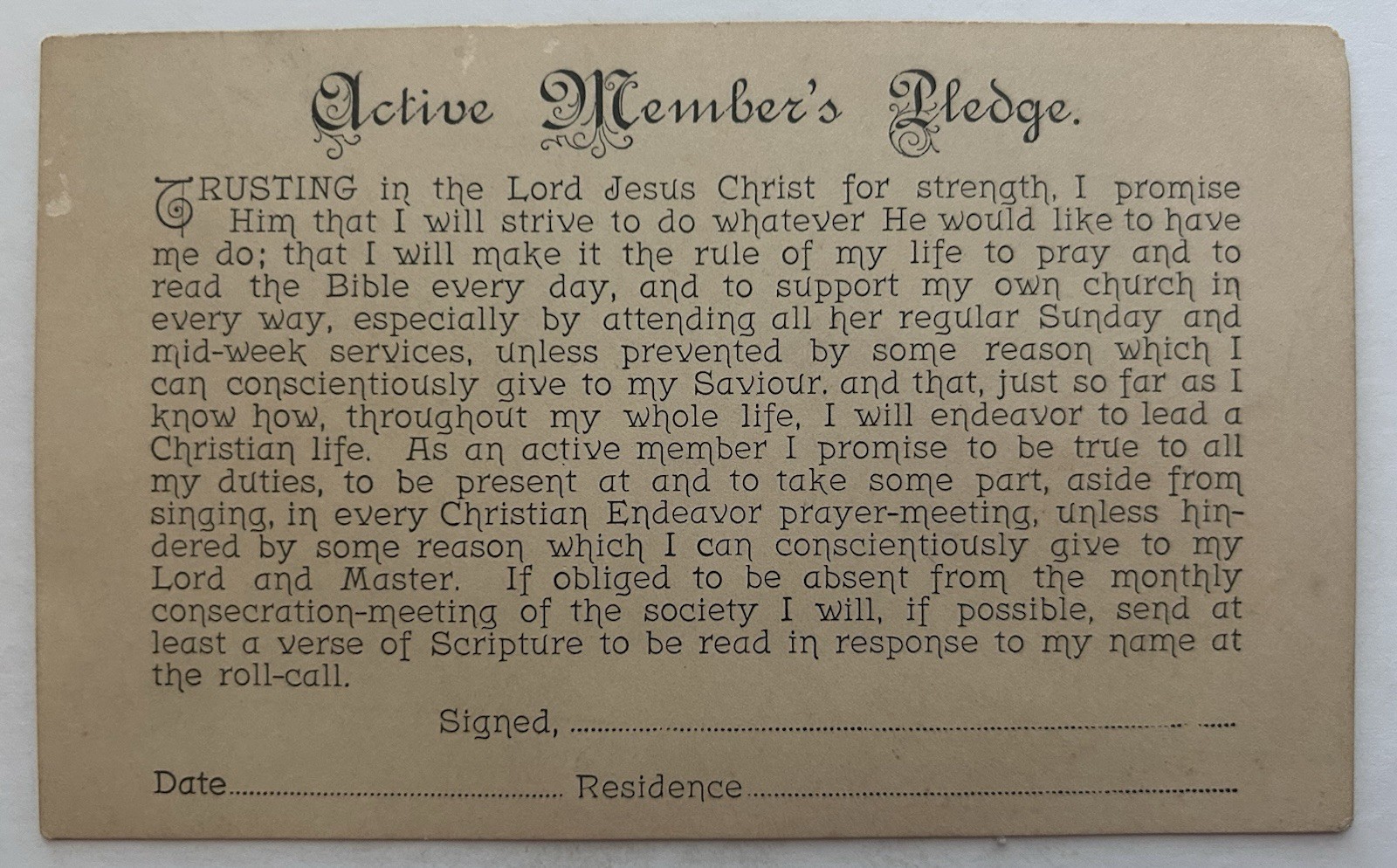 Vintage Christian Active Member Pledge Card Religious Ephemera Unsigned