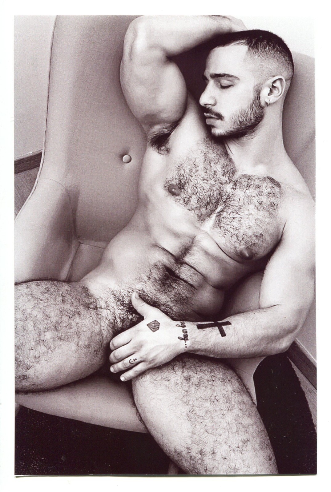 REPRINT Shirtless Handsome young man hairy chest hunk jock gay vtg photo