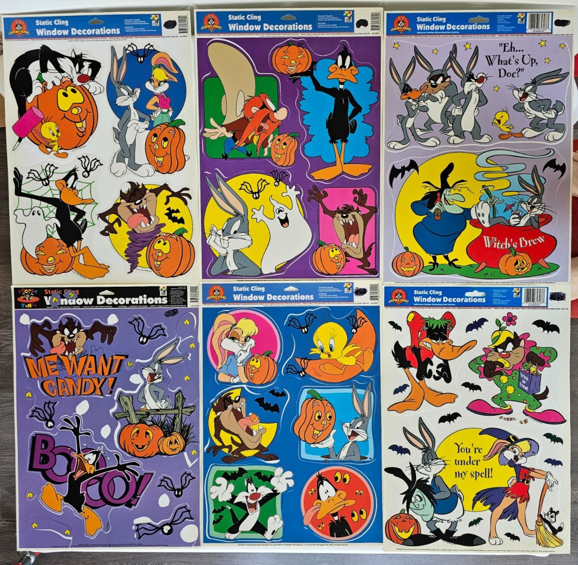 Vtg 1990s Lot of 6 LOONEY TUNES HALLOWEEN WINDOW CLINGS Taz Bugs Tweety Daffy