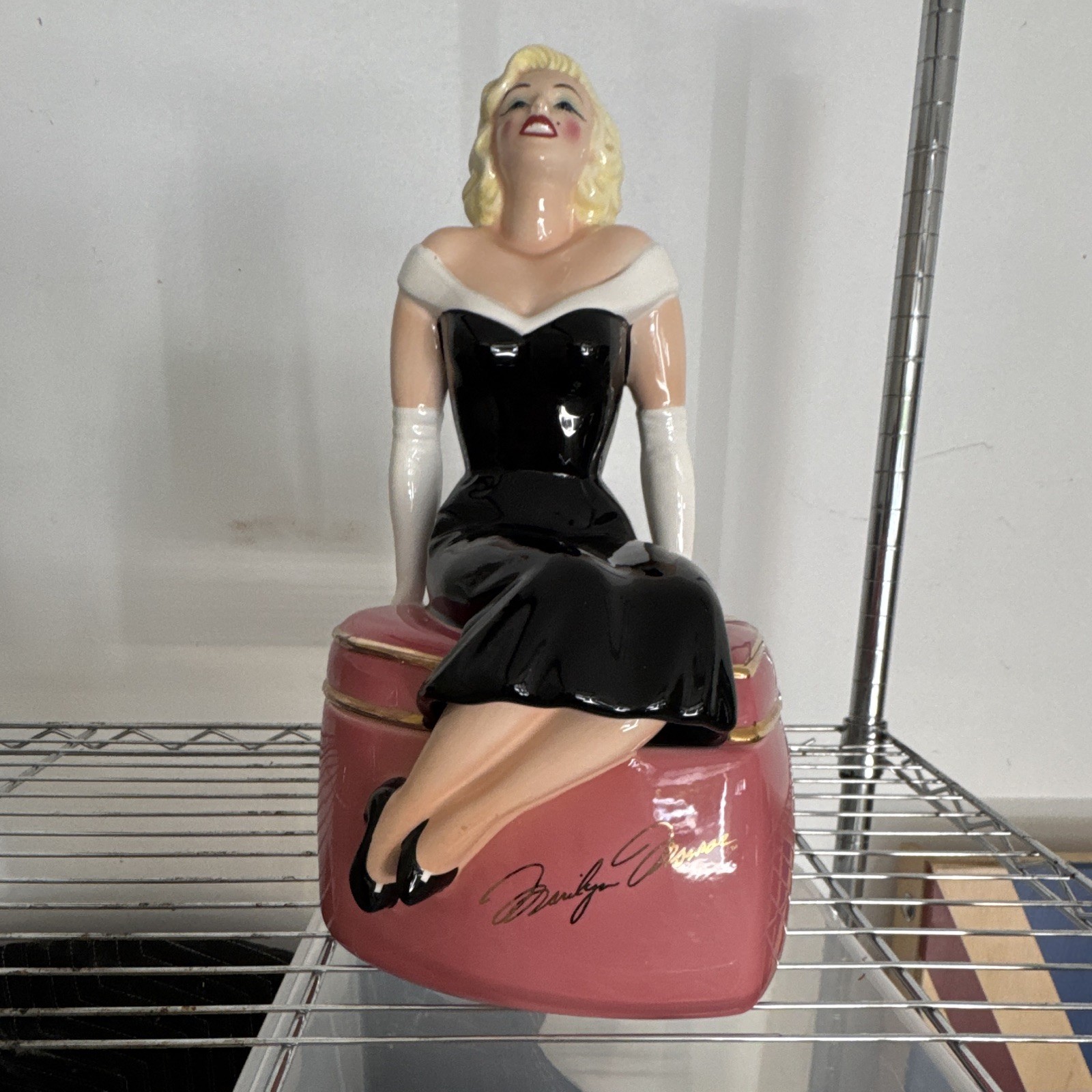 Pink Ceramic Figural Seated Woman Cookie Jar w/ Lift-Off Lid Black/White