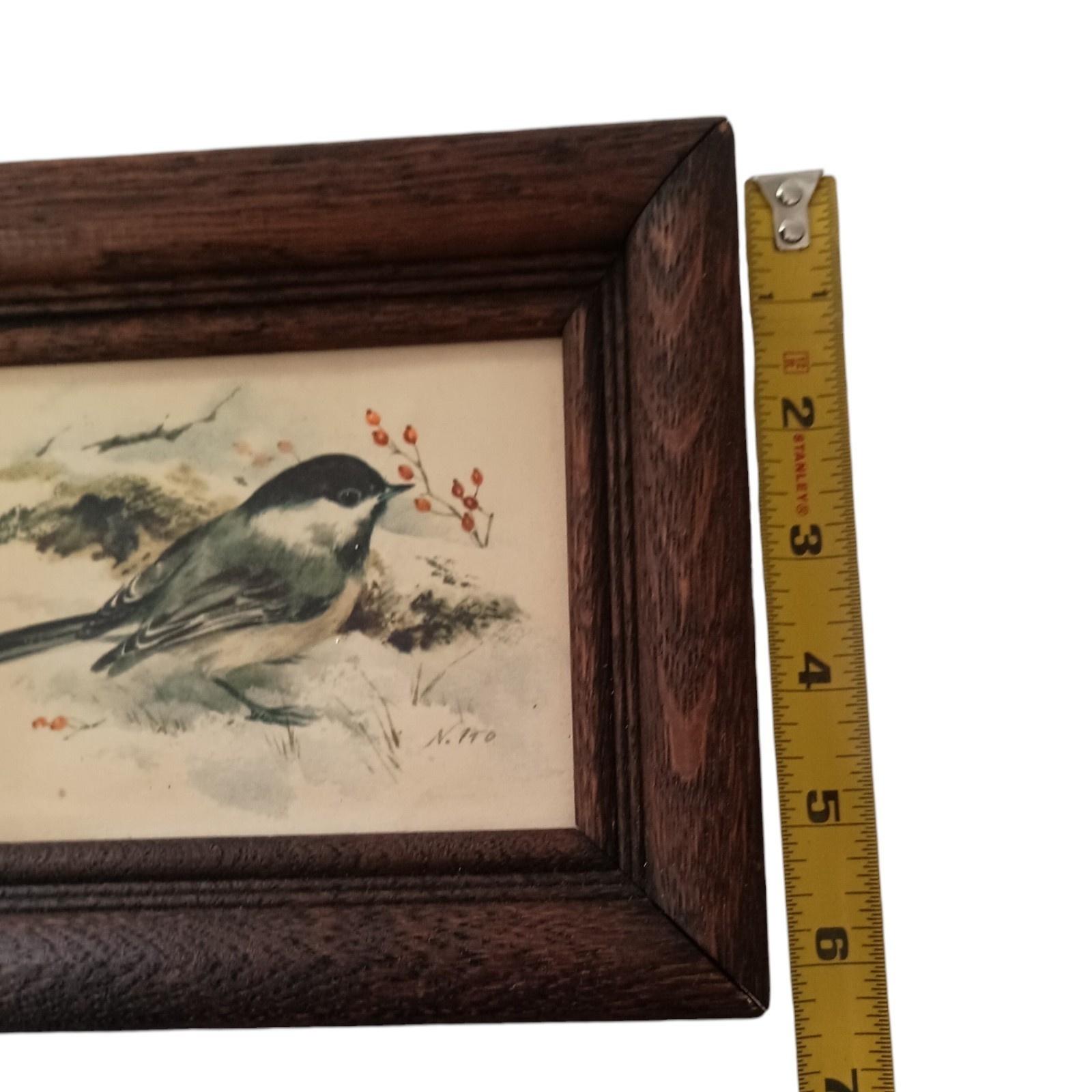 Vtg Mini Framed Chickadee Bird Print Rustic Wood Frame Cottagecore Cabin Decor