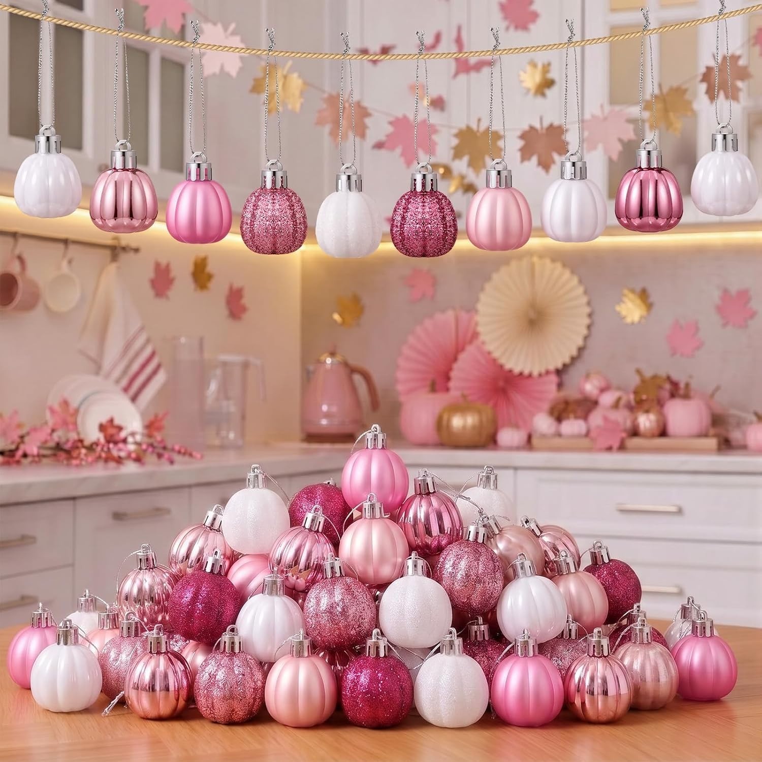Festive 36-Piece Pink Pumpkin Ornaments for Fall and Halloween Celebrations