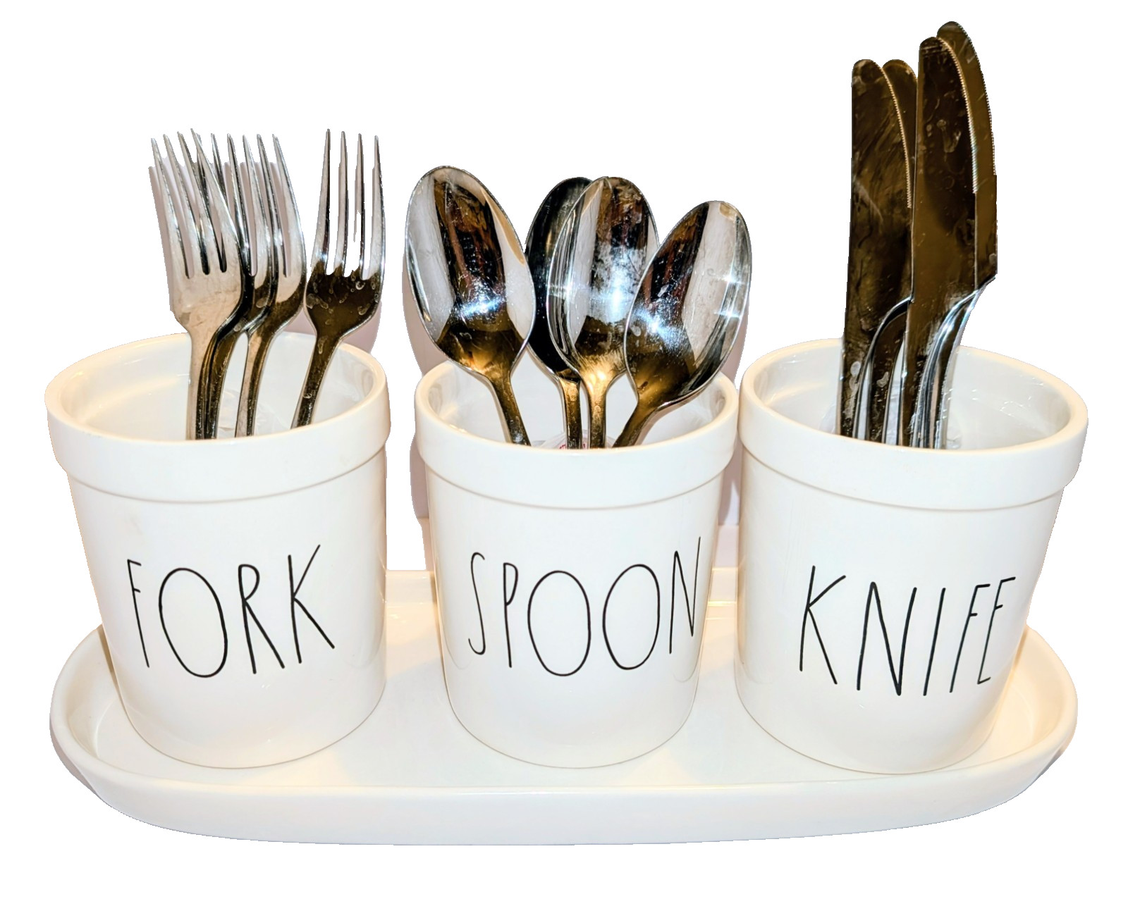 Rae Dunn by Magenta SPOON FORK KNIFE Utensil Holders + Tray 4 Piece Crock Set A+