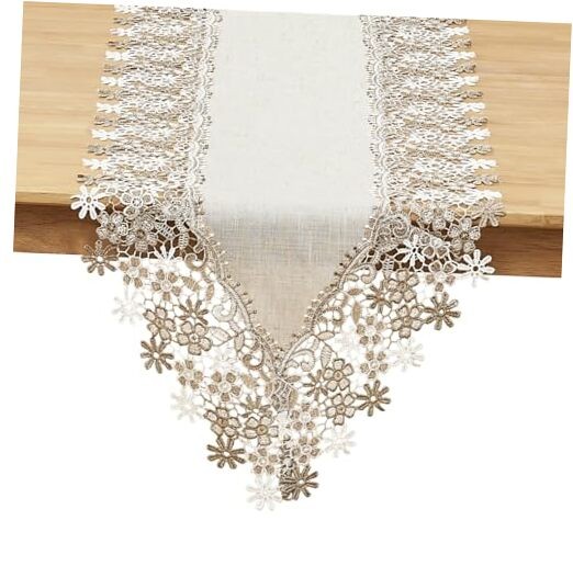 Neutral Earth Tones Beige Floral Lace Table Runner Dresser 16” x36” Natural