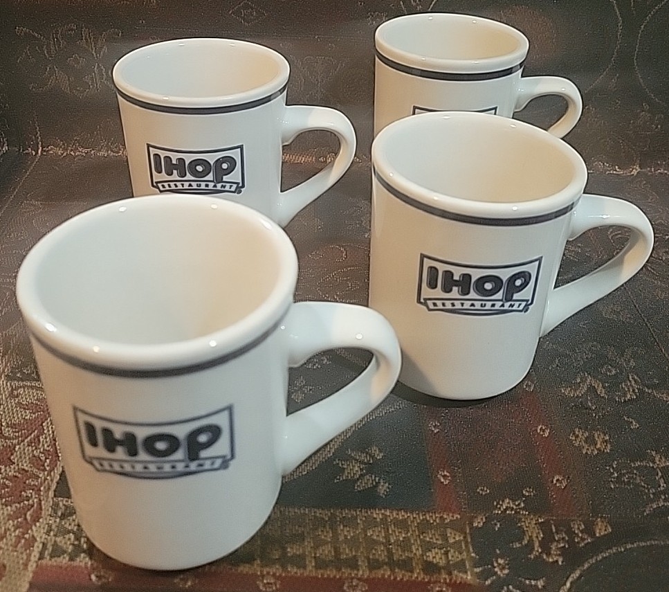 Vintage IHOP Delco Coffee Mug Restaurant Ware Blue & White House of Pancakes x4