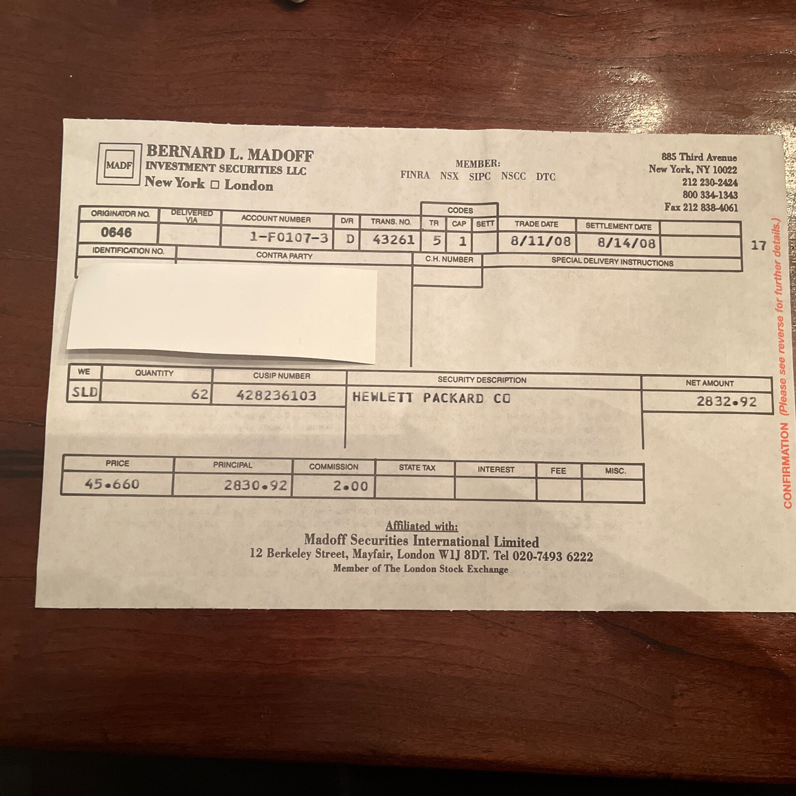 Bernard Madoff Trade Execution Confirmation Statement Ponzi Bernie – Unmarked