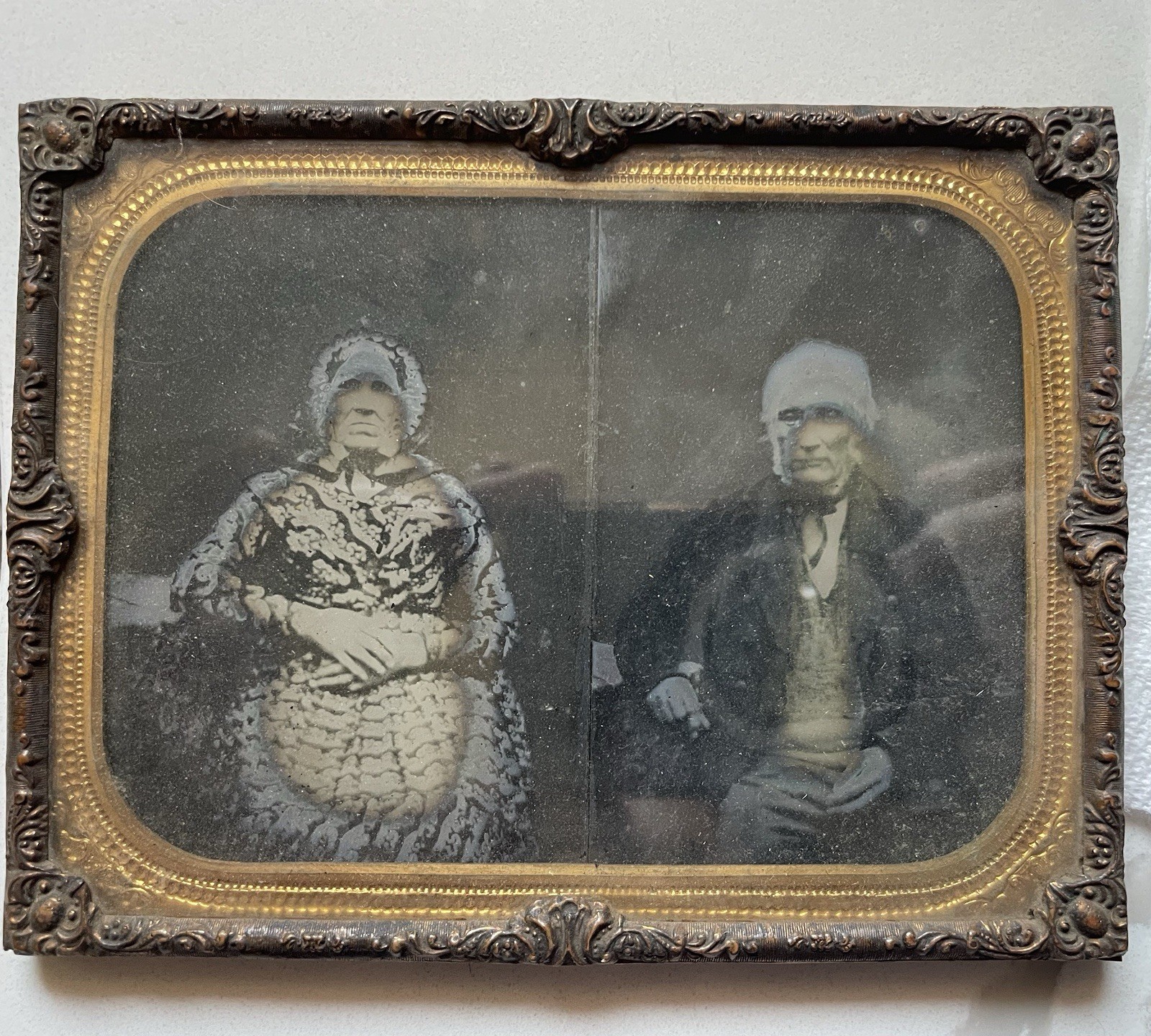 Antique 1/4 Plate Ambrotype Elderly Couple Ornate Brass Gilt Frame c. 1860s