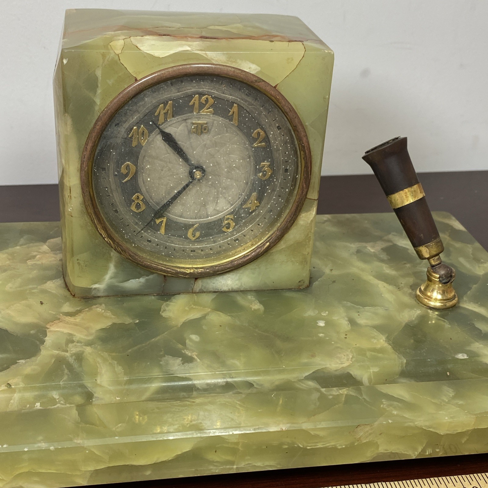 ATO Leon Hatot Art Deco Green Onyx Marble Pen Holder Mantel Desk Clock France