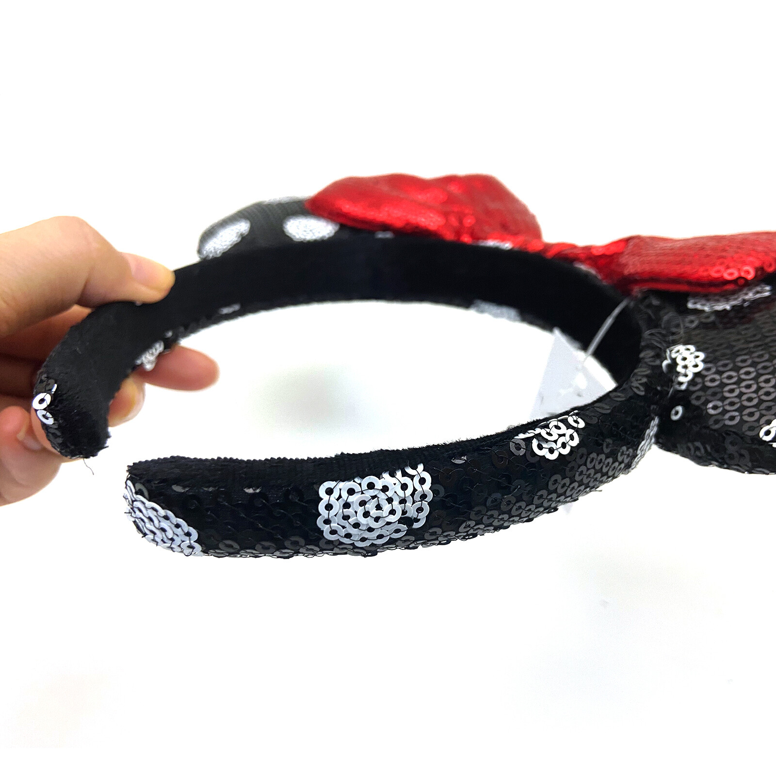 Disney- Parks Minnie Ears Black White Polka Dot Sequin Red Bow Classic Headband