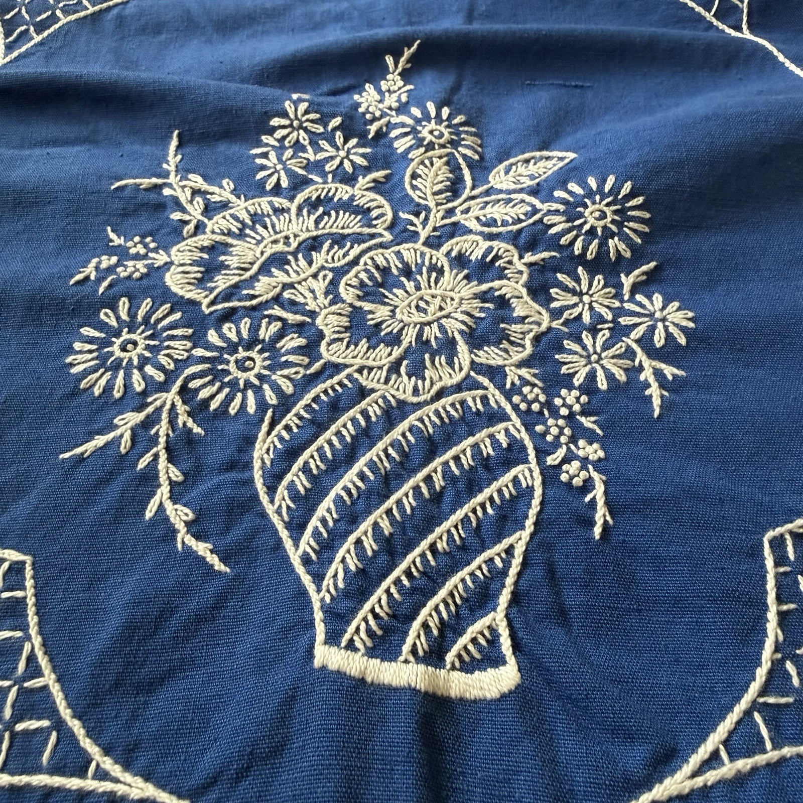 Vintage Hand-Embroidered & Crocheted Edge Dark Blue Table Runner Doily 36”x 14”