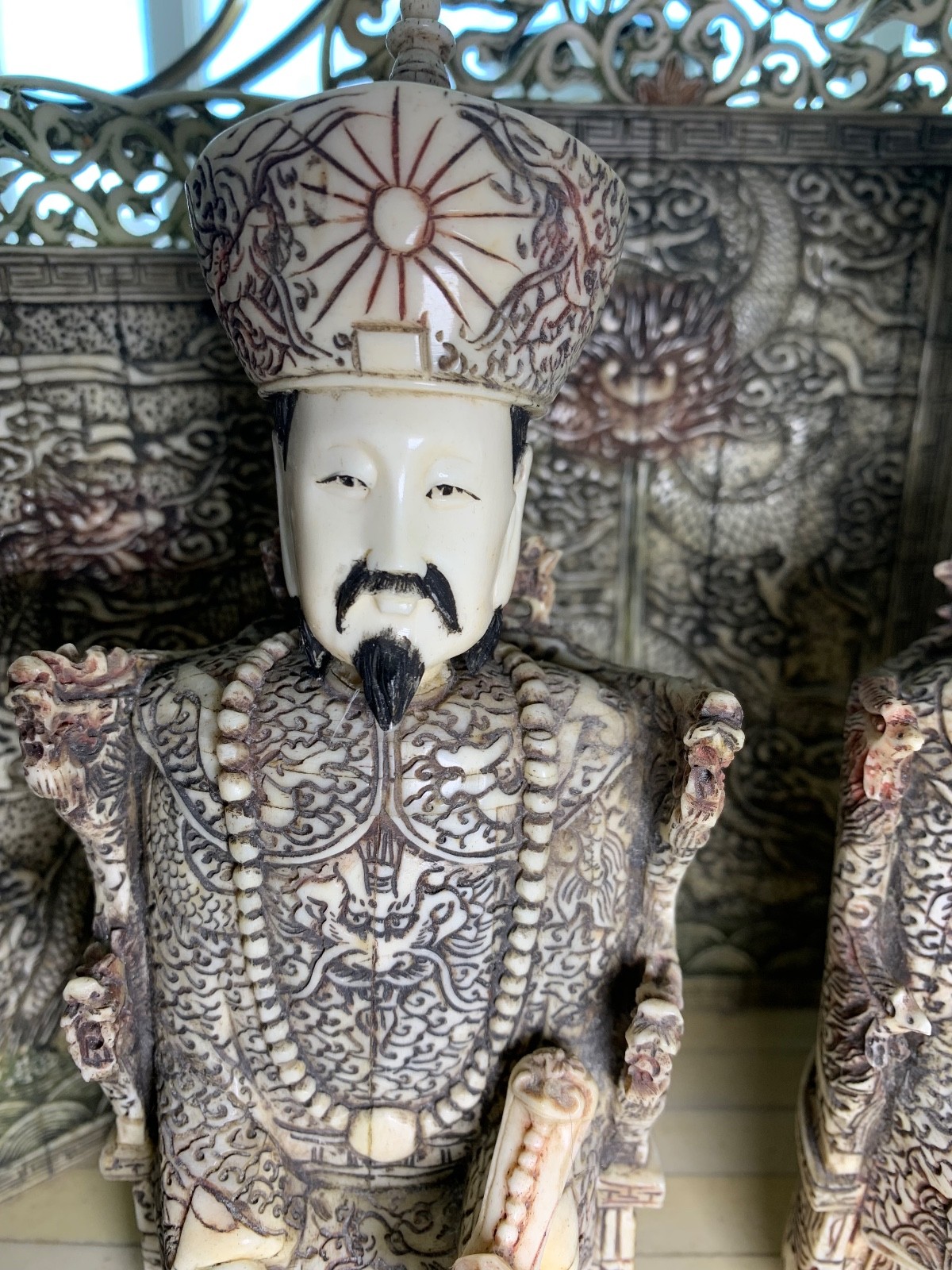 GORGEOUS BOVINE BONE TILE CHINESE EMPEROR AND EMPRESS ON INTRICATE THRONES!