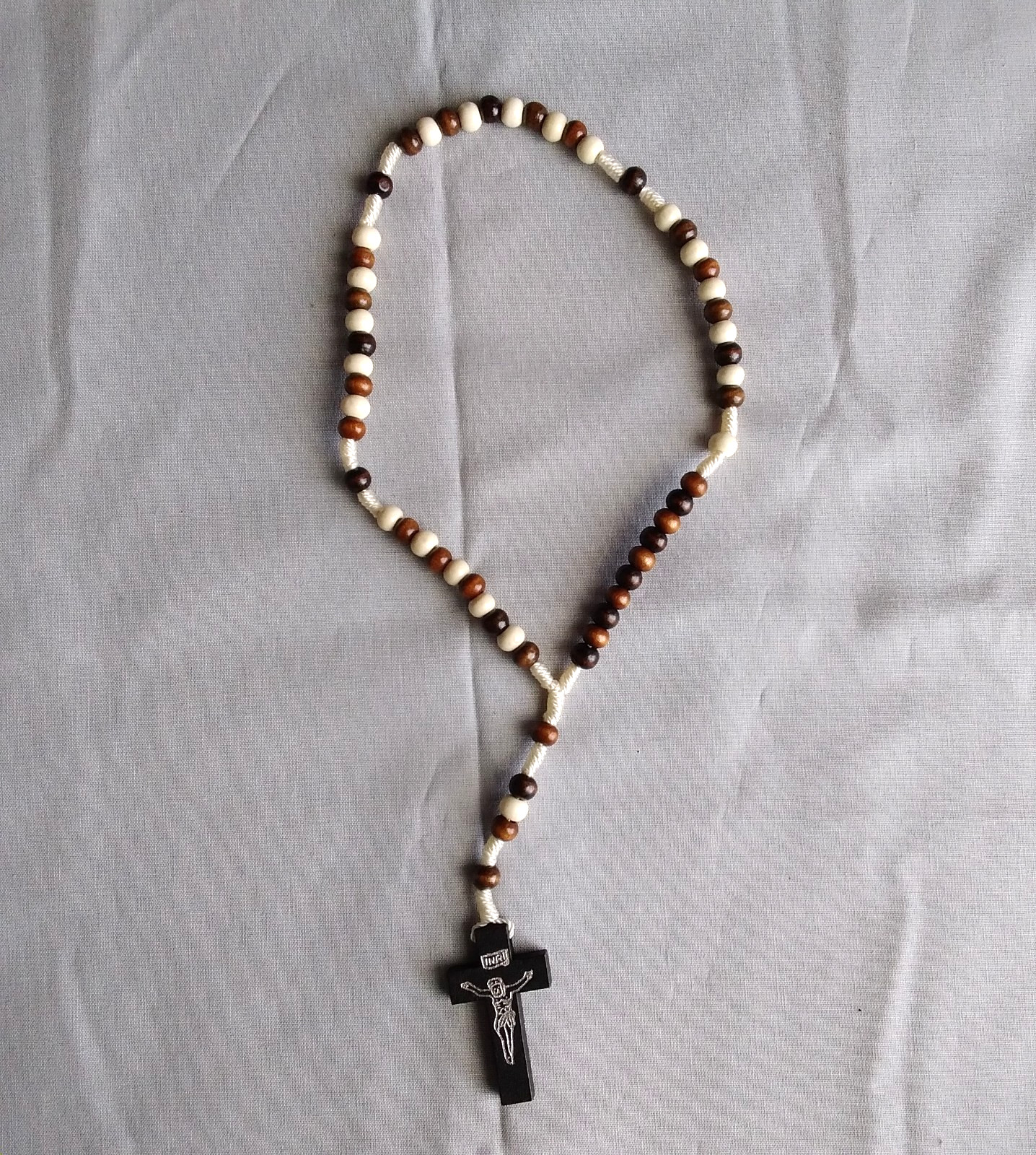 Catholic Christian Rosary Prayer Beads White Brown Wood Cord 6mm beads 12″ L