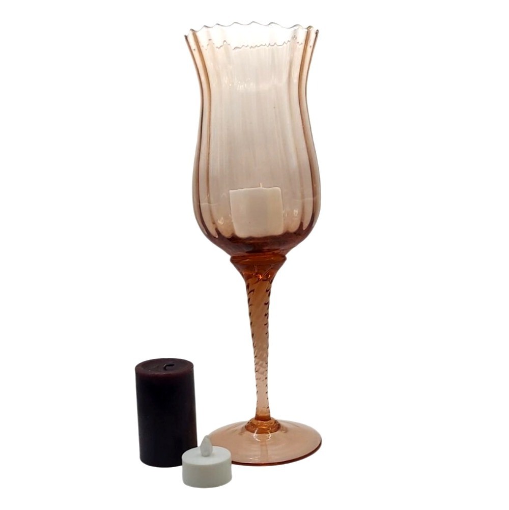 Hand Blown Glass Candle Holder Vase Pink Optic Swirl Twist Stem 12.5″ Tall MCM