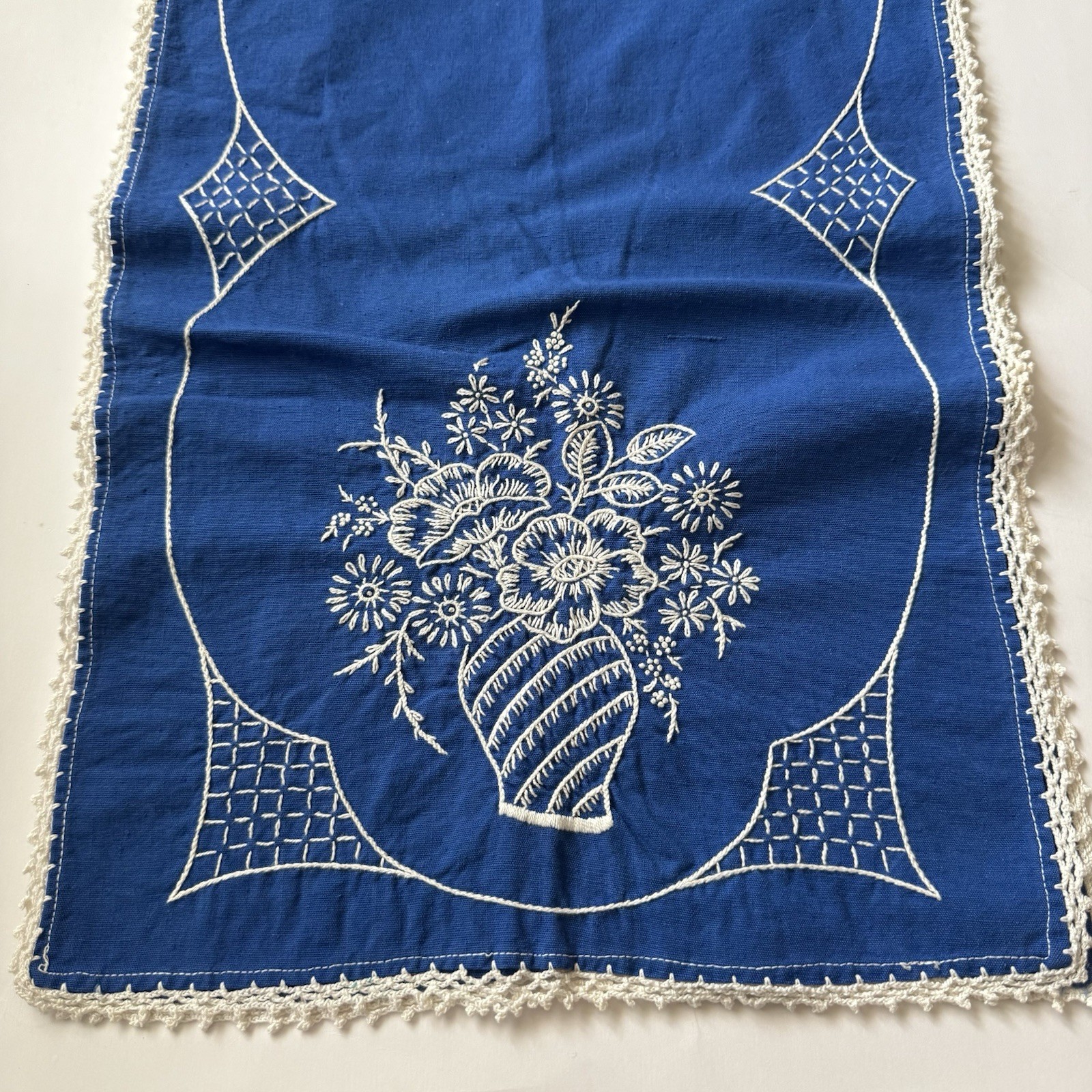 Vintage Hand-Embroidered & Crocheted Edge Dark Blue Table Runner Doily 36”x 14”