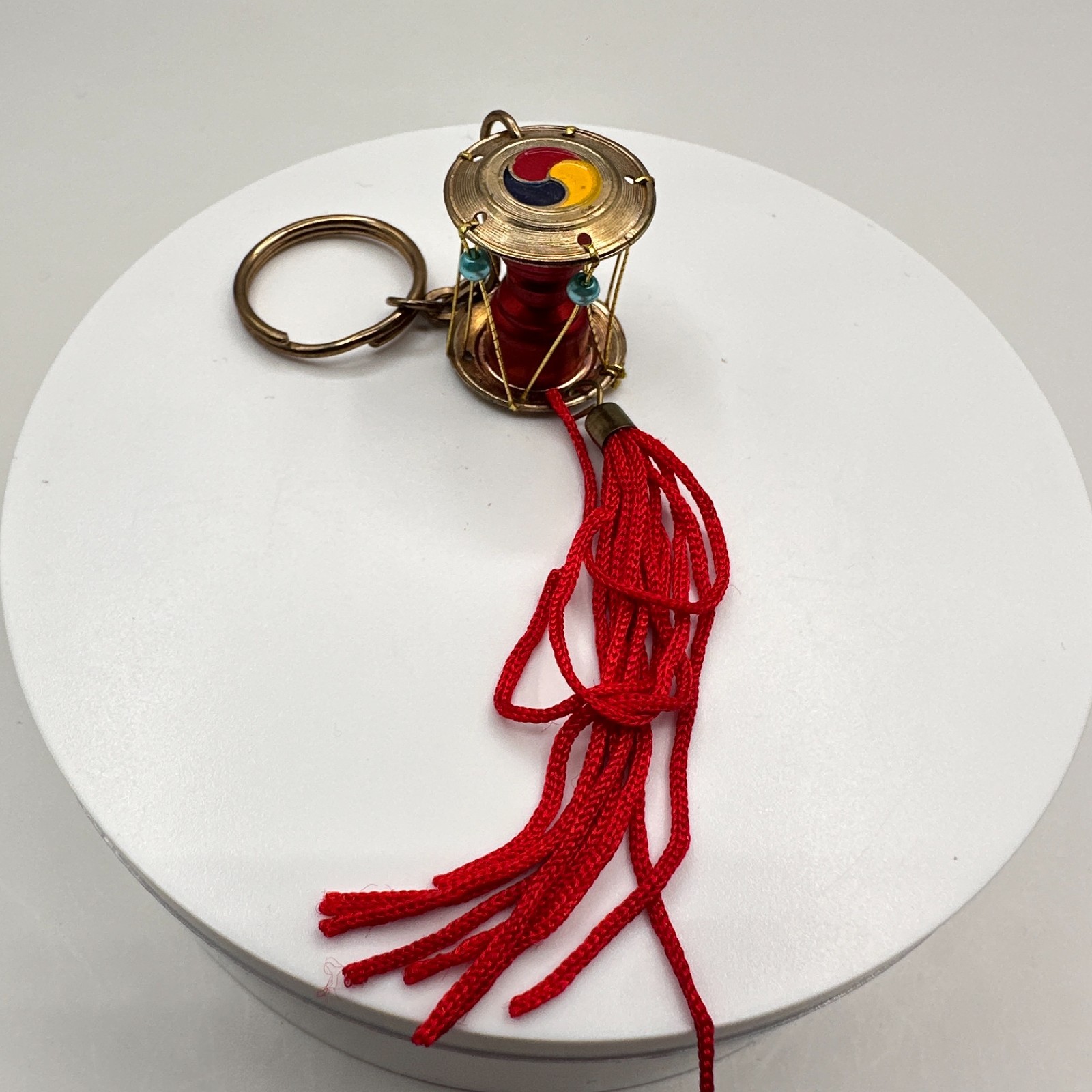 Vintage 90s Korean Janggu Drum Keychain Red Tassel Blue Bead Traditional Style