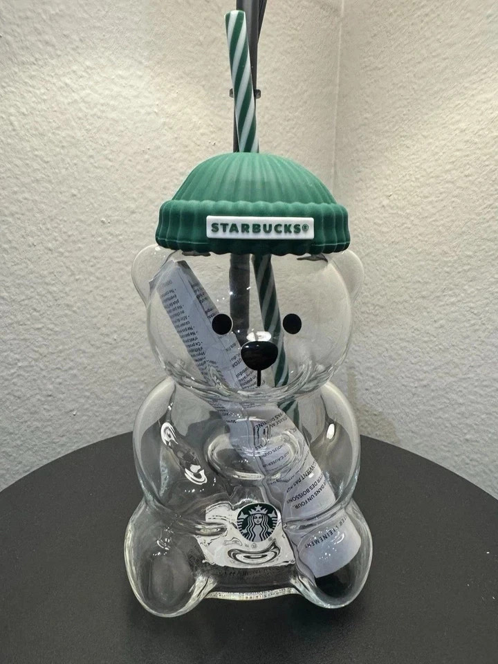 Starbucks Glass Bear Tumbler Beanie Lid Straw Cold Cup Iced Coffee Cup Mug Clear