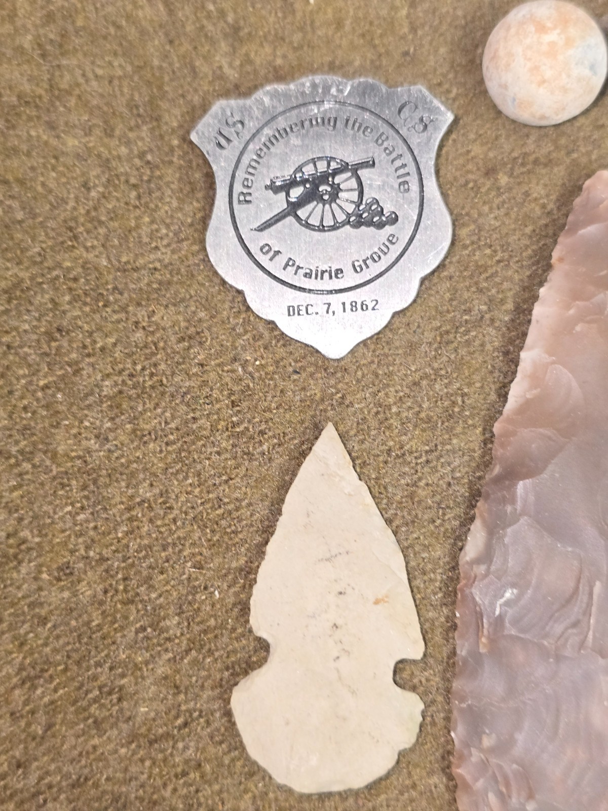 Misc. Civil War Projectiles & Indian Arrowheads with Prairie Grove Pin Set