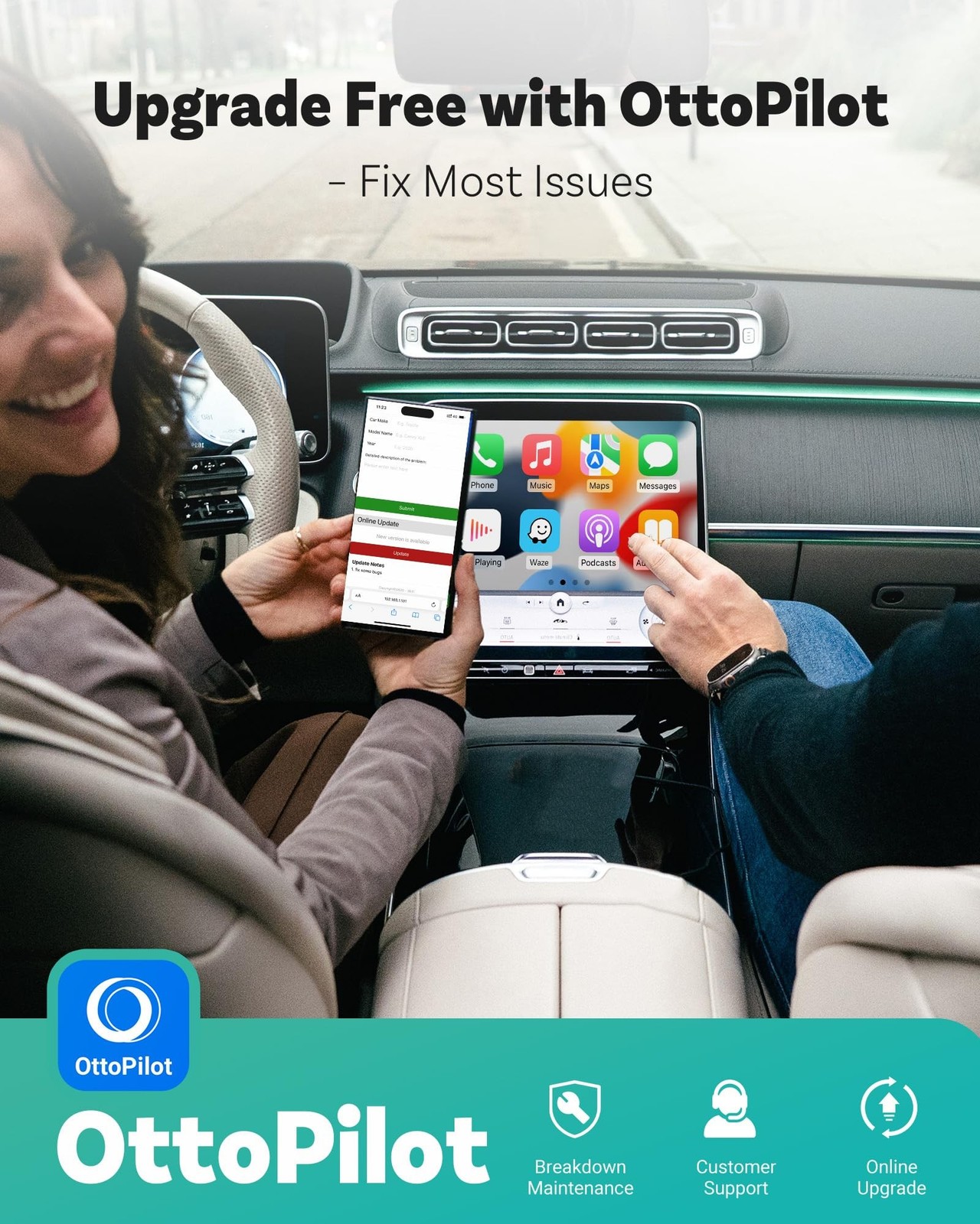 OTTOCAST Mini 2025 2-in-1 Wireless CarPlay/Android Auto Adapter, 5GHz WiFi, A…