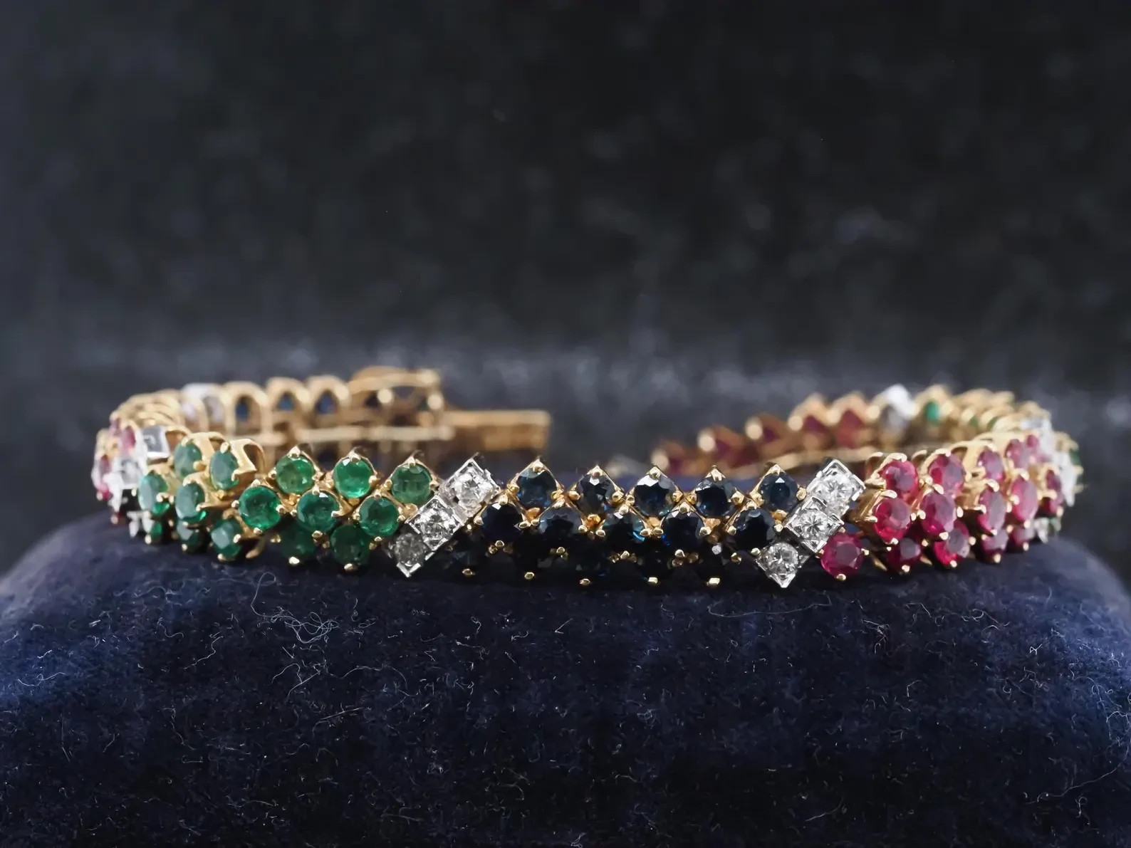 Estate Ruby,Emerald,Sapphire & Diamond 18K Yellow Gold Over Tennis Bracelet 7″