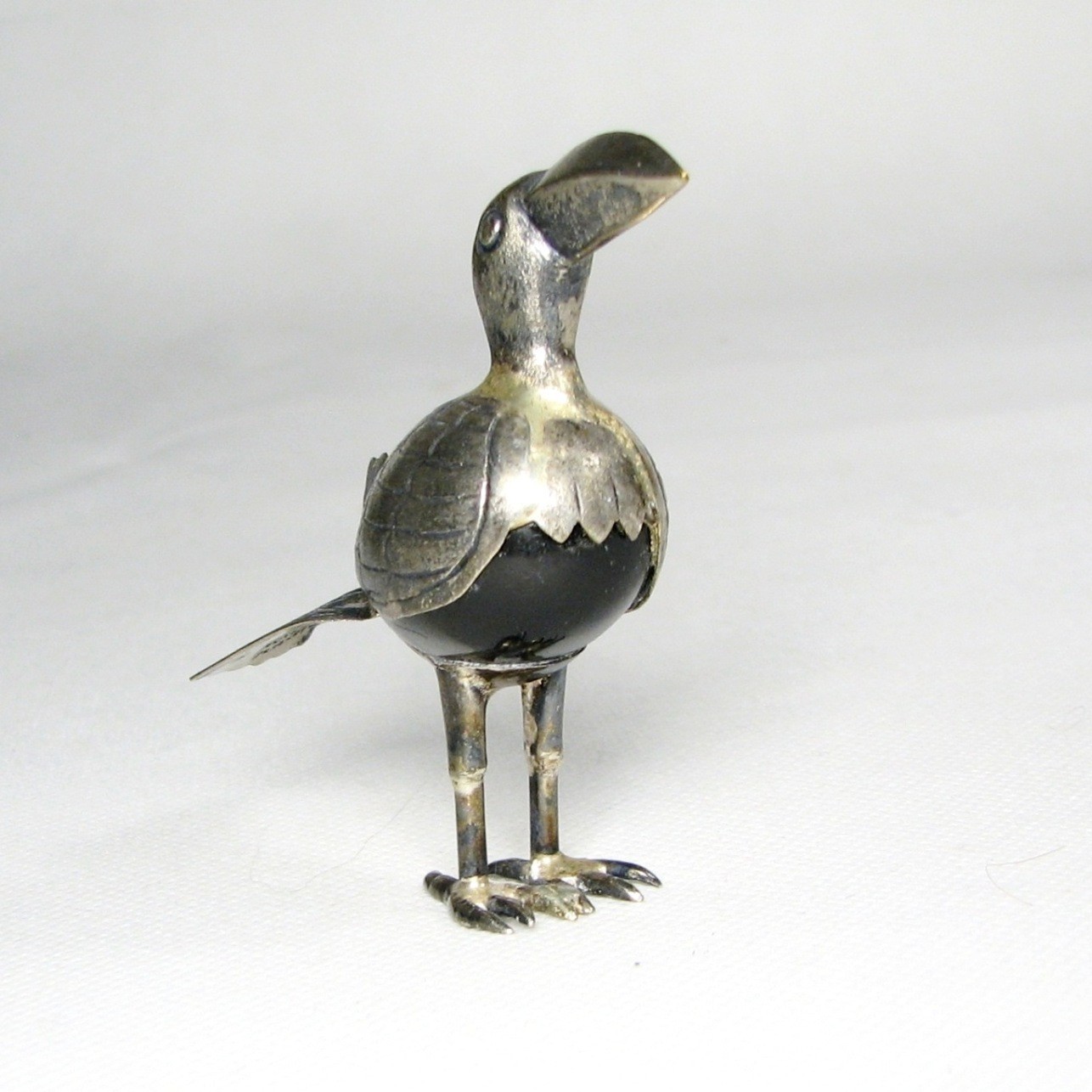 Vintage Silver Plated Bird Figurine Mexico 50s Mixed Metals Black Stone Body