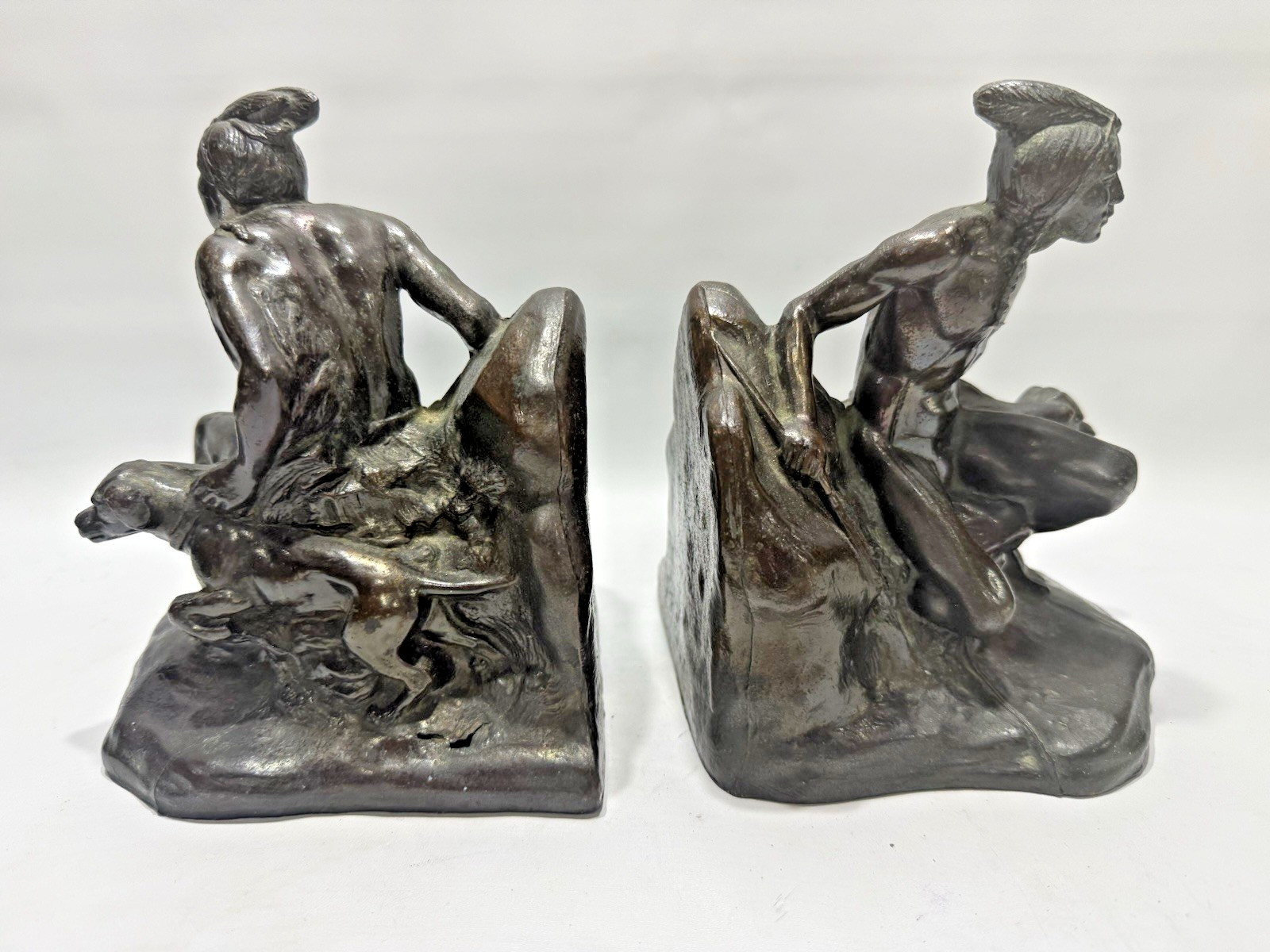 Aluminum Kneeling Native American Indian Hunter with Bow & Pointing Dog Bookends